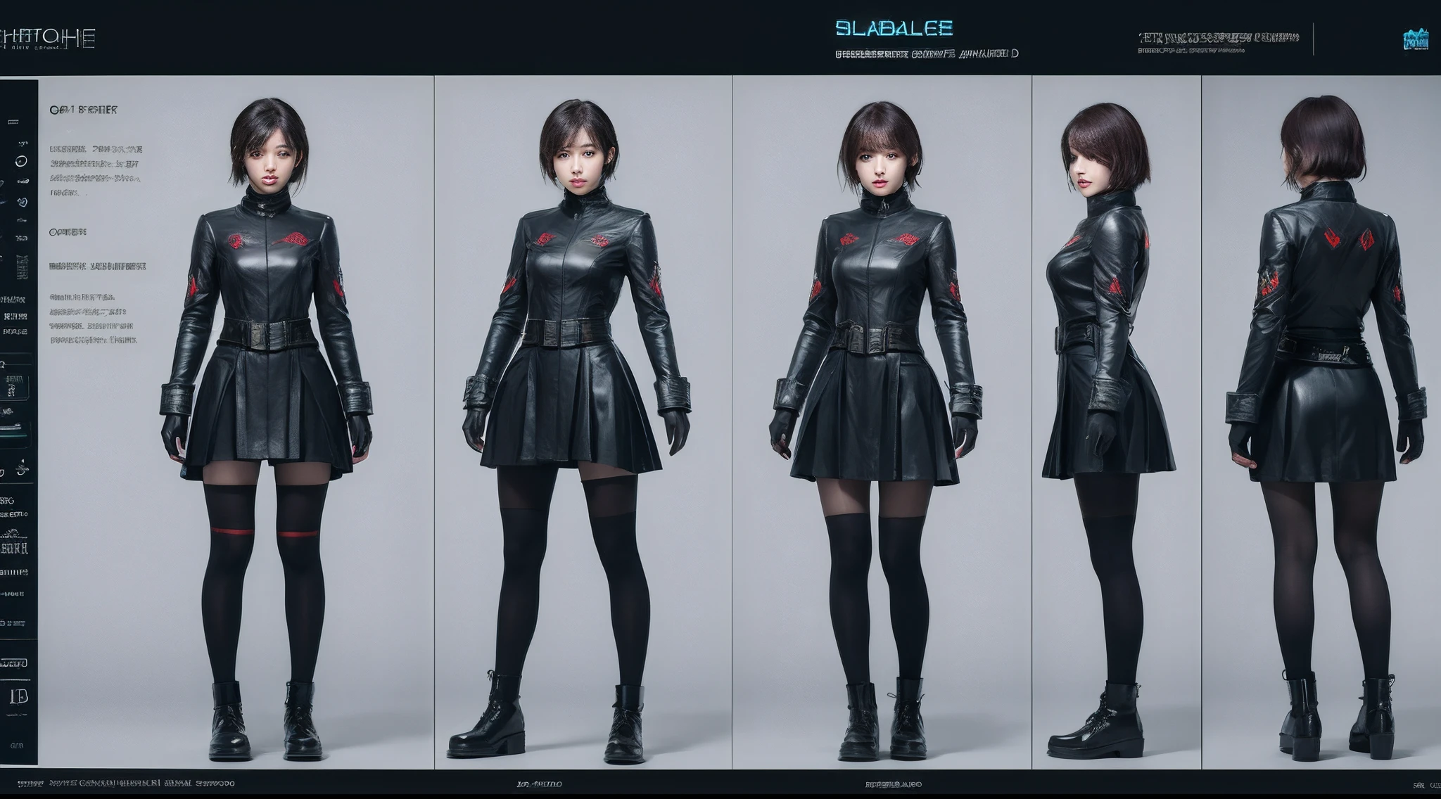 character chart, reference sheet, multiple views, move chart, award winning，character design，juesesheji，3D, A beautiful cyberpunk female image,battledress，hdr（HighDynamicRange）,Ray traching,NVIDIA RTX,Hyper-Resolution,Unreal 5,Subsurface scattering、PBR Texture、post-proces、Anisotropy Filtering、depth of fields、maximum definition and sharpness、Many-Layer Textures、Albedo e mapas Speculares、Surface coloring、Accurate simulation octane rendering of light-material interactions、Two-colored light、largeaperture、Low ISO、White balance、the rule of thirds、8K raw data、blackstockings