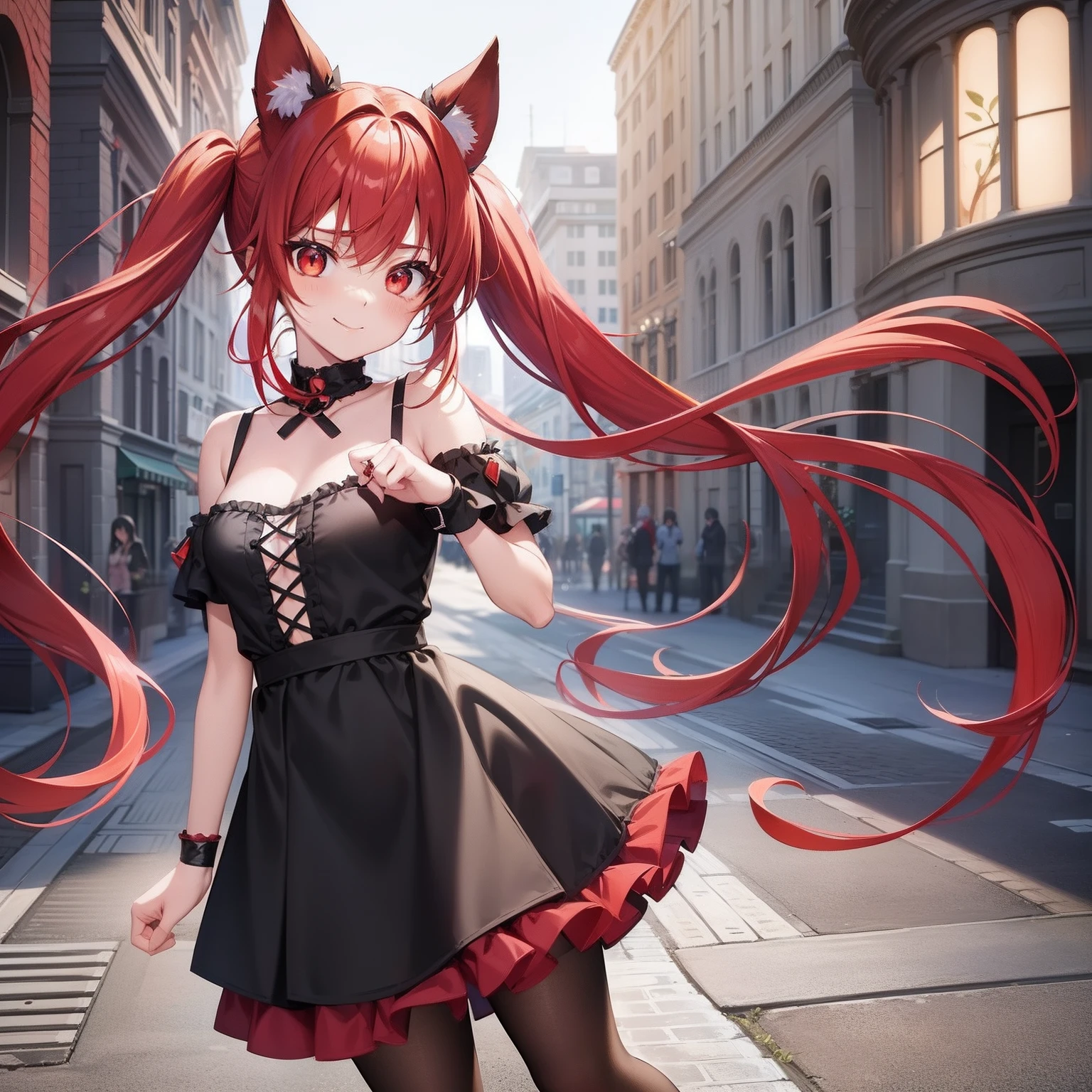 Anime filling,Two-dimensional illustration,Red hair,Half Twin Tail,shorth hair,Big eyes,A smile,a beauty girl,cute little,Super Cute,Black cat ears,Red Eyes,Ruffled Clothes,Black lace clothes,Inner colorGreen,One girl,Full body painting,A masterpiece of 2D art,(masterpiece,Top image quality:1.3),(detaile:1.2),(1人),Standing picture