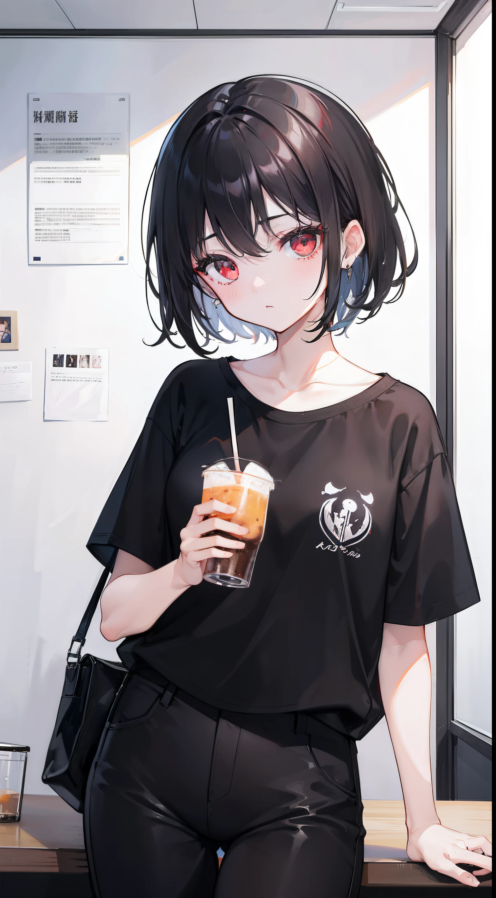 One girl、Women in the workplace、short black straight hair、brown shirt、frilld、black long pants、tmasterpiece、top-quality、Top image quality、Cute  Turtle、Red eyes、（（（white backgrounid）））、Holding a black Americano drink,