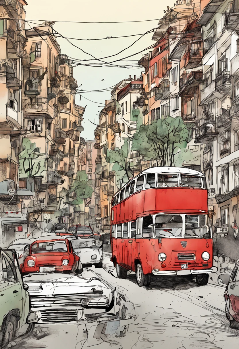 Carrinho vermelho Arafed em uma rua em uma cidade, bonde de rua, bonde, Watercolor ink illustration, ink and watercolor illustration, Watercolor illustration, Electrical, Directed by: Paul Balkay, Directed by: Antonio Rotta, Lisboa, Desenho em aquarela, Directed by: Tom Wänerstrand, por colar strautniekas, Directed by: John Matson, watercolor illustration style