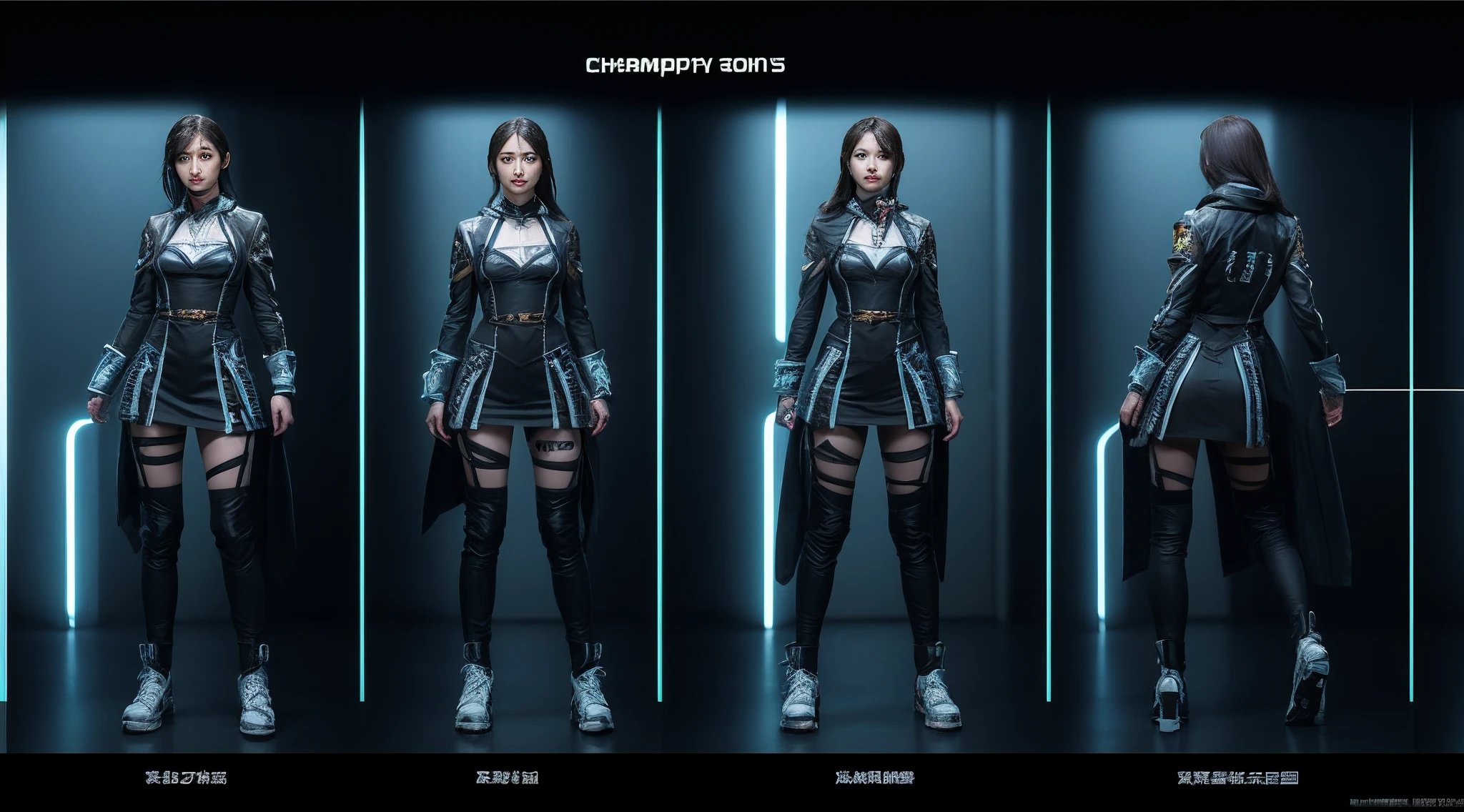 character chart, reference sheet, multiple views, move chart, award winning,character design,juesesheji,3D, A beautiful cyberpunk female image,battledress,hdr(HighDynamicRange),Ray traching,NVIDIA RTX,Hyper-Resolution,Unreal 5,Subsurface scattering、PBR Texture、post-proces、Anisotropy Filtering、depth of fields、maximum definition and sharpness、Many-Layer Textures、Albedo e mapas Speculares、Surface coloring、Accurate simulation octane rendering of light-material interactions、Two-colored light、largeaperture、Low ISO、White balance、the rule of thirds、8K raw data、blackstockings