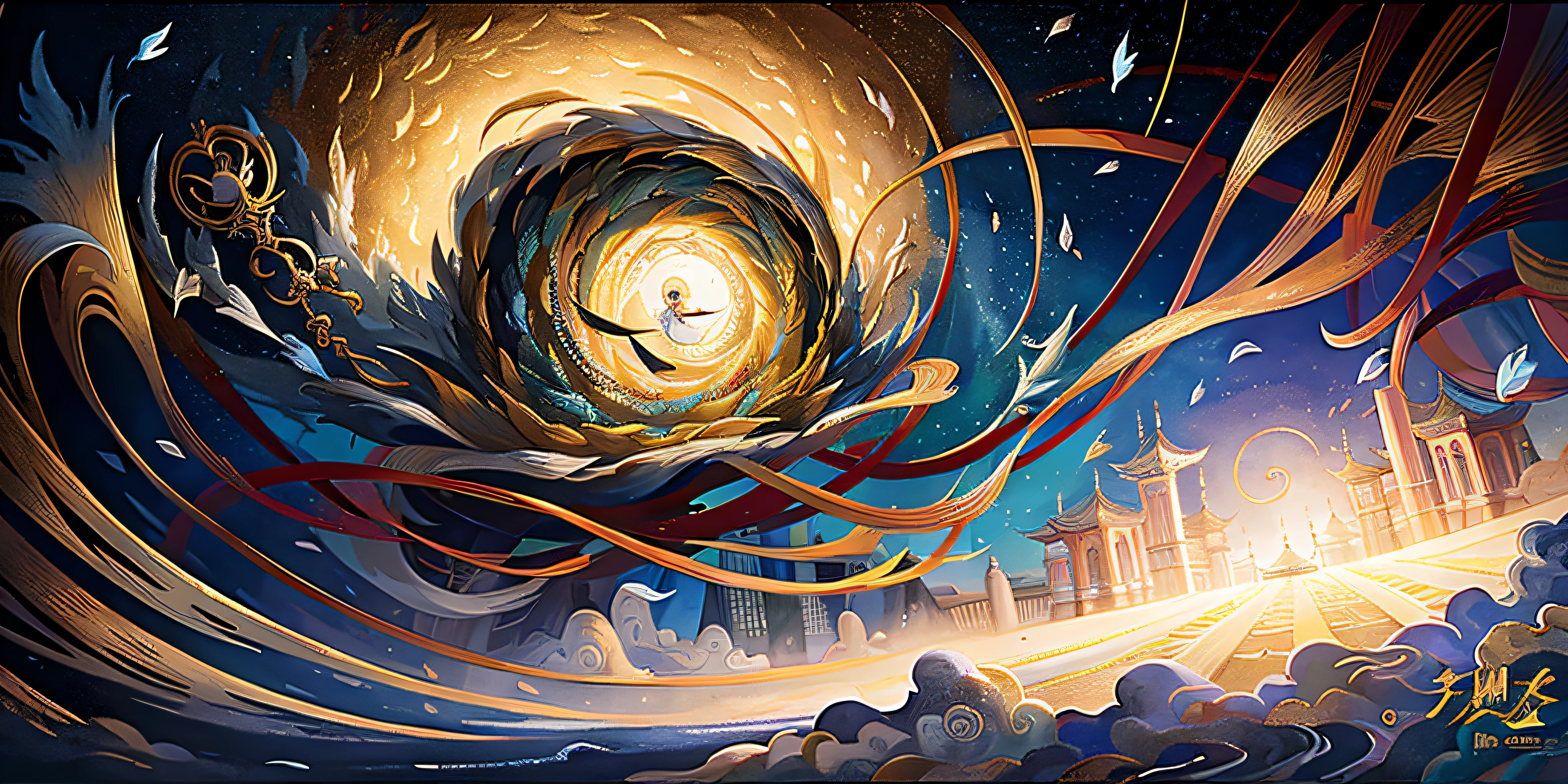 Auspicious clouds, Pavilions, rays of sunshine, tmasterpiece, super detailing, Spiral composition, hyper HD, high qulity, extremely detaile, offcial art, 统一 8k 壁纸, super detailing, 32k -- v ,