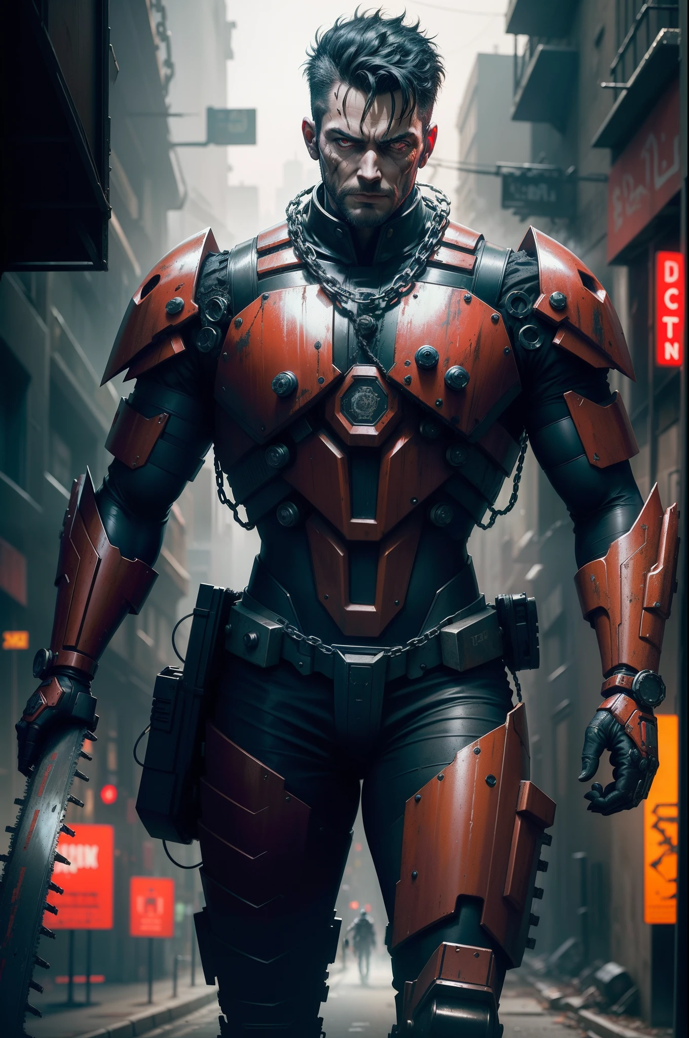 Dark_Fantasy,Cyberpunk,(chain saw,chain saw man,Red:1.1),1man,Mechanical marvel,Robotic presence,Cybernetic guardian, wearing a worn-out mech suit, intricate, (steel metal [rusty]), elegant, clear focus, shot by greg rutkowski, soft lighting, vibrant colors, masterpiece, ((street)), cowboy shot, dynamic pose,