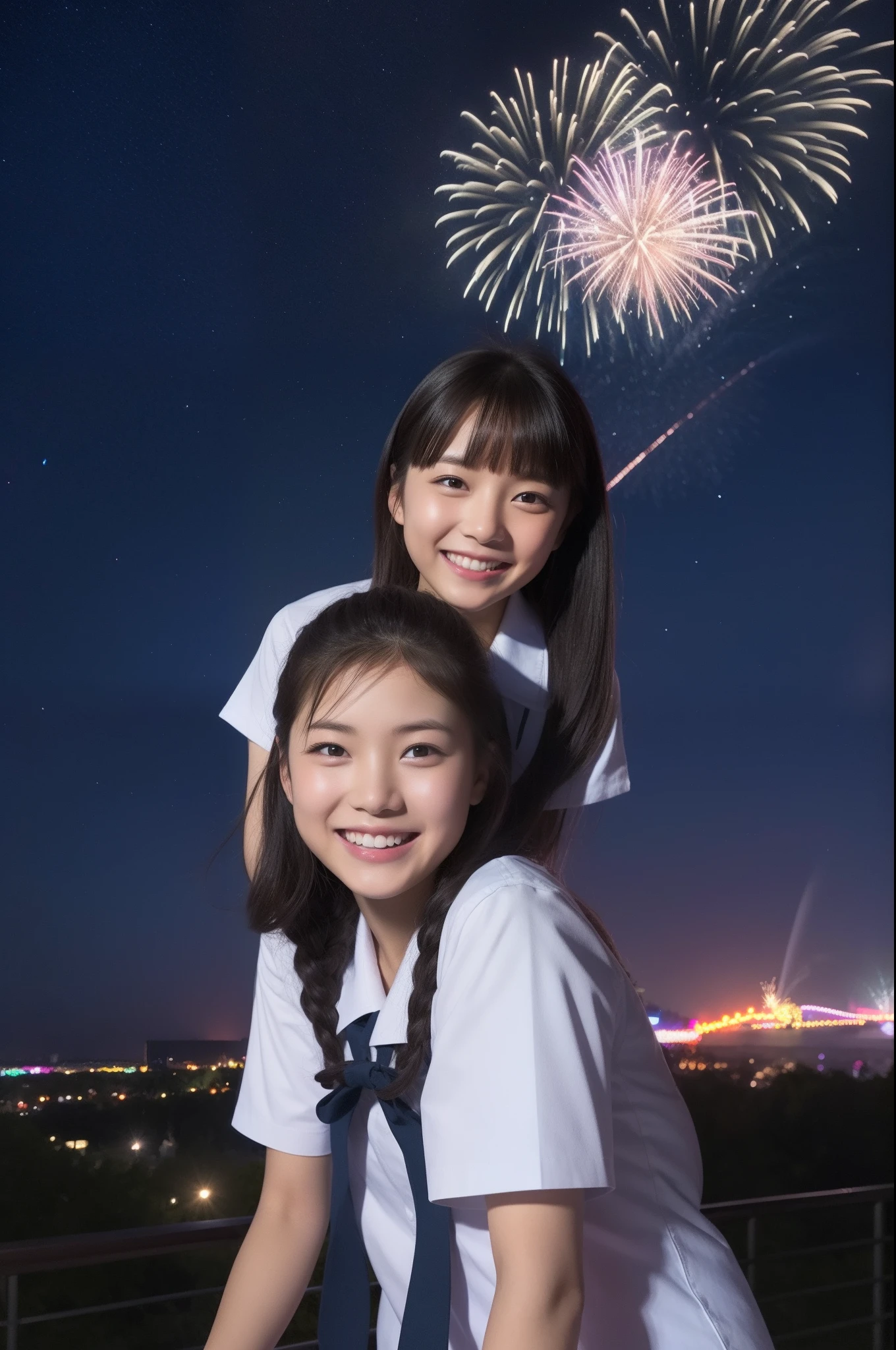 A smile、hi-school girl、校服、shortsleeves、An amusement park、While doing fireworks、starrysky、Aurora