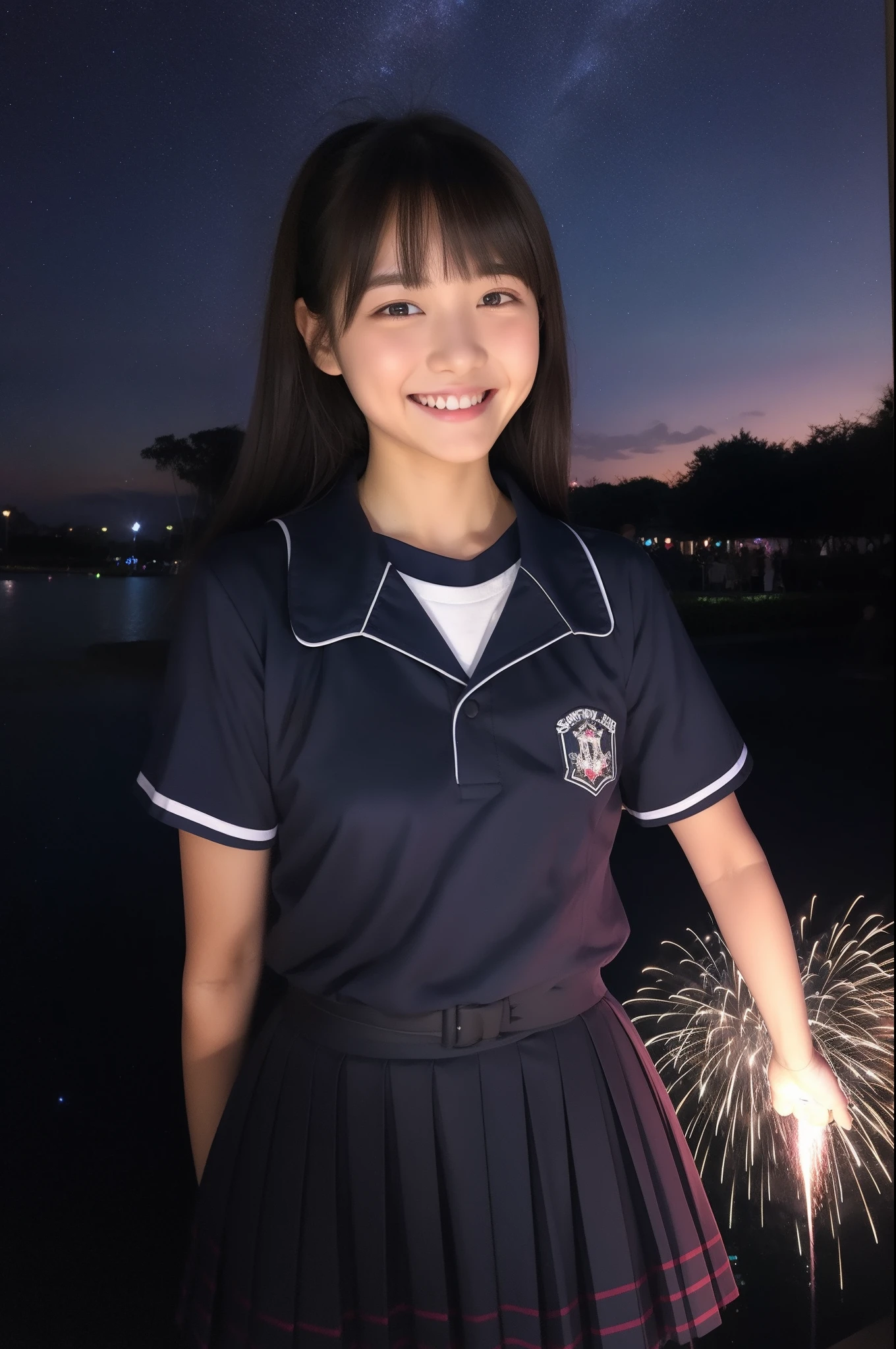 A smile、hi-school girl、校服、shortsleeves、An amusement park、While doing fireworks、starrysky、Aurora