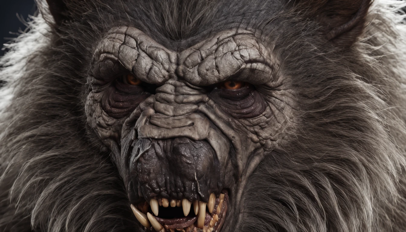 Absurd, very high resolution, super detailed, representing a front view (((a close-up of a werewolf))), snout, ears and teeth and fur, (((show suffering from the transformation))), showing the effects of the change in soft lighting, intimate moments, and feelings of sadness and misery, Create stunning images of a transformation with long exposures that capture the beauty and movement of celestial bodies, forest environment, characterized by a transformation, a night with many stars, and a non-vibrant atmosphere. capturing the original appeal of primitive art, bold, simplified forms, intense colors, emphasizing raw emotions and instincts, biblical stories, bible, nebuchadnezzar
