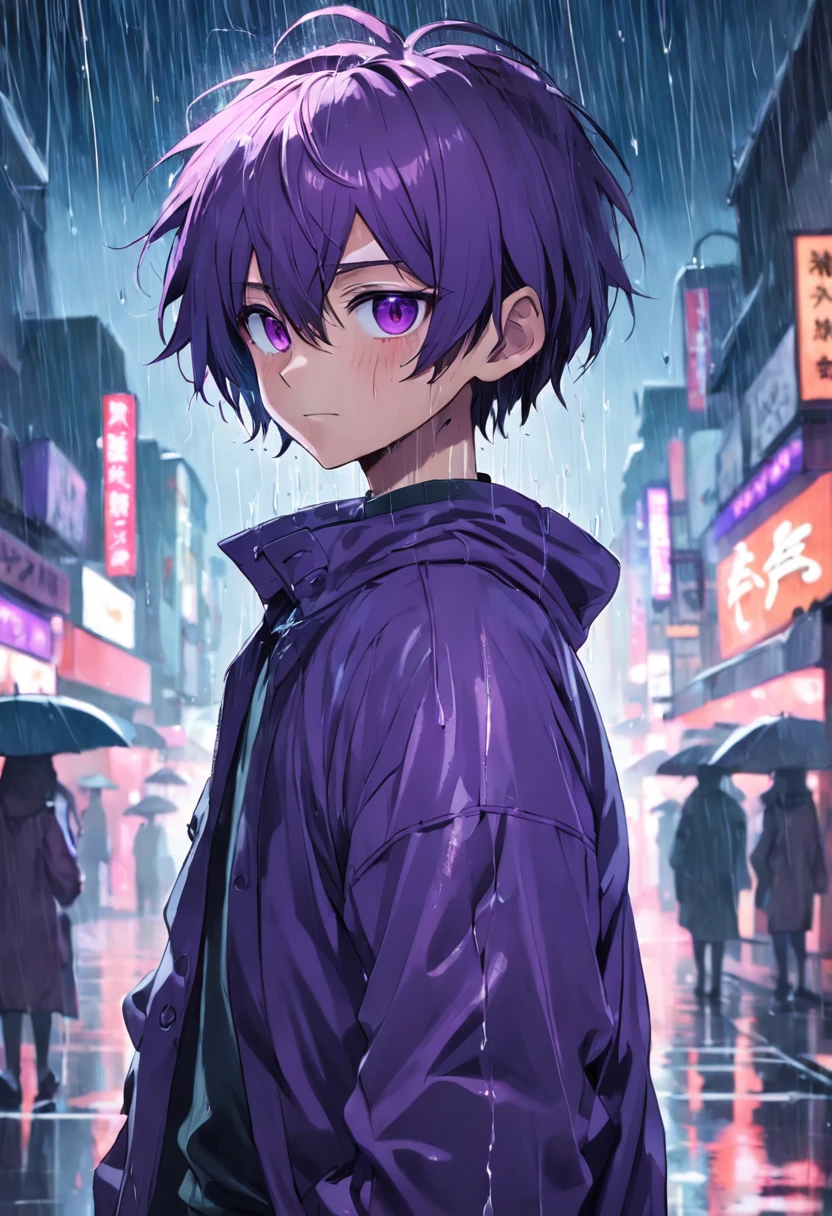 rainy days,Dim Room,Faint lighting,A boy is smiling,bob hair cut,Purple colored hair,Purple pupils,knife,bleed