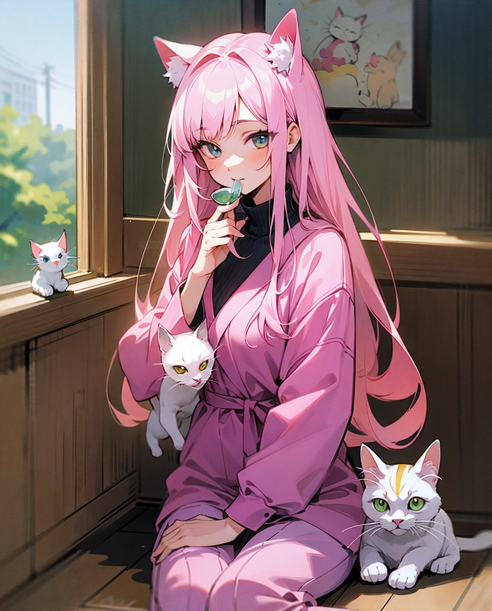 a girl with long pink hair with a cat behind her and a white cat behind her, chizuko yoshida, anime girl, a manga drawing, remodernism --auto --s2