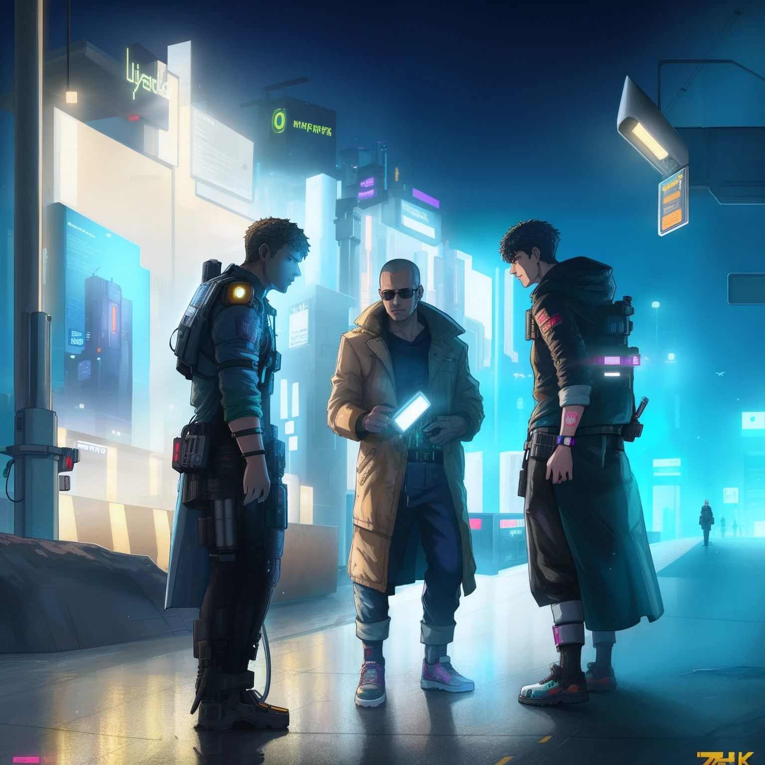There are three statues of people, Standing at the subway station, cyberpunk blade runner art, beeple and jean giraud, Cyberpunk Bus Stop, cyberpunk digital art, cyberpunk digital painting, by John La Gatta, Blade Runner in 4K resolution, cyberpunk art, cyberpunk art ultrarealistic 8k, Blade Runner Movie Style, cyberpunk artstyle, futuristic dieselpunk street, ciberpunk)))