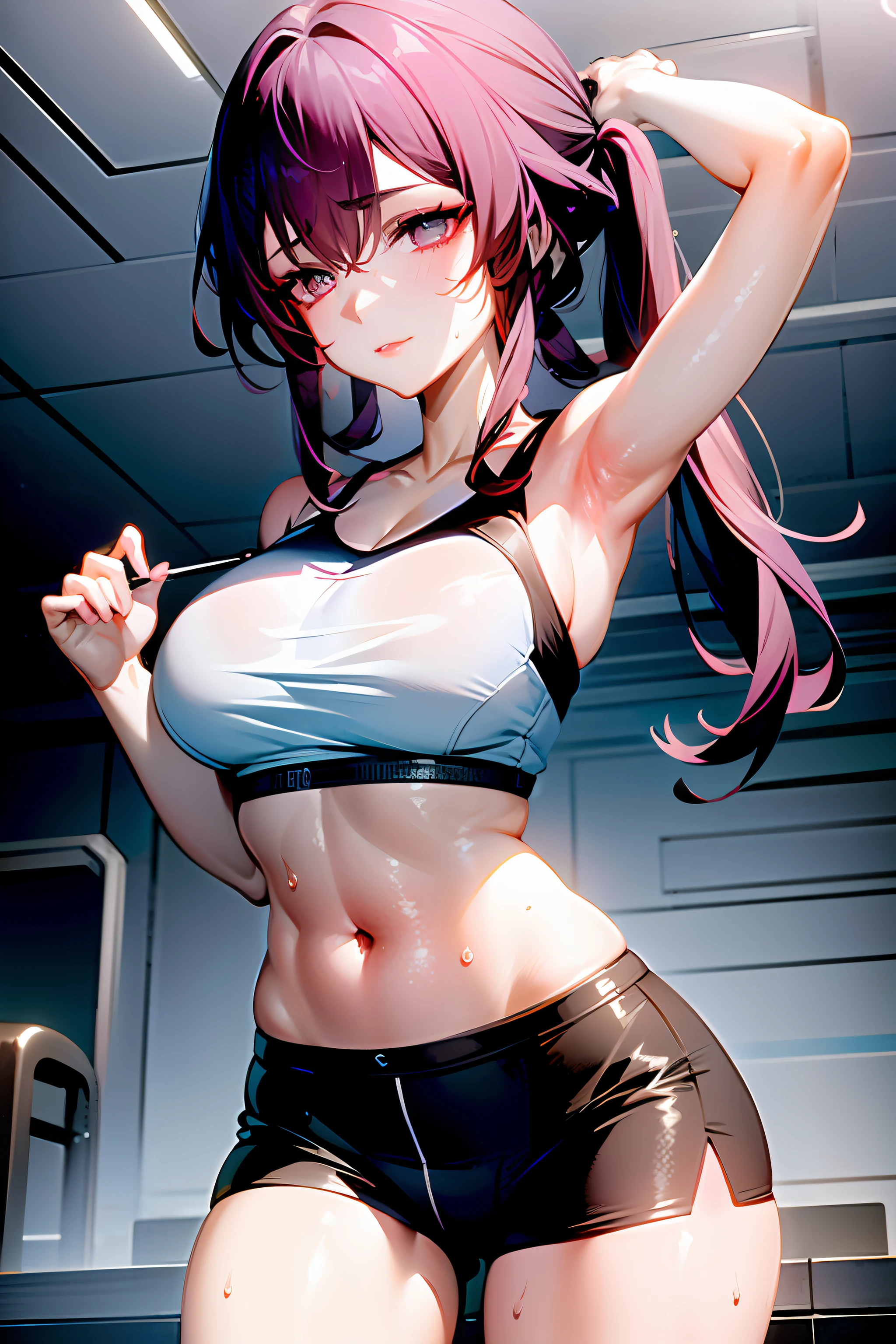 good hand, 4k, 1girl, ) a RAW portrait of a girl working out in the gym), perspiring, sweating, high resolution, masterpiece, best quality, head: 1.3, (Korean K-pop idol), chunli, twin tails, extremely cute and finely detailed skin, sharp focus, (cinematic lighting), collarbone, soft lighting, dynamic angle, [:(detailed face: 1.2): 0.2], thigh space, slim body, ((medium breasts)), full body, ((gym attire)), (gym shorts), tank top, gym background, gym equipment, (anime, official_art: 1.1), (anime screenshot: 1.1), (1girl, solo focus: 1.2), (fisheye: 0.9), ray tracing: 0.5, depth of field: 1.0, bokeh: 0.6, god rays: 1.0, vivid colors: 0.8, Cinematic hard lighting: 0.7, Realistic shadows: 1.2,