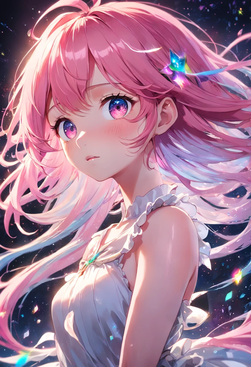 With pink hair and rainbow eyes,beautiful as a fairy,A melancholy expression that stirs affection,side face,floating hair,light particles,glare,vivid,fancy,dreamlike,a dim atomshpere,