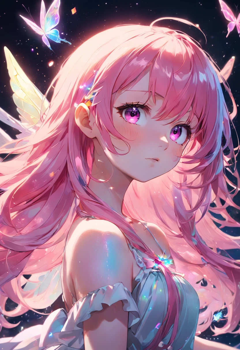 With pink hair and rainbow eyes,beautiful as a fairy,A melancholy expression that stirs affection,side face,floating hair,light particles,glare,vivid,fancy,dreamlike,a dim atomshpere,