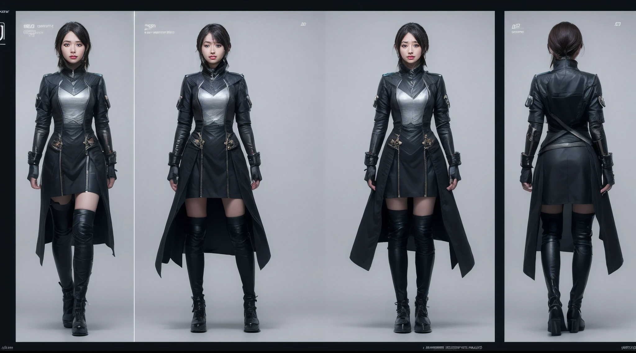 character chart, reference sheet, multiple views, move chart, award winning，character design，juesesheji，3D, A beautiful cyberpunk female image,battledress，hdr（HighDynamicRange）,Ray traching,NVIDIA RTX,Hyper-Resolution,Unreal 5,Subsurface scattering、PBR Texture、post-proces、Anisotropy Filtering、depth of fields、maximum definition and sharpness、Many-Layer Textures、Albedo e mapas Speculares、Surface coloring、Accurate simulation octane rendering of light-material interactions、Two-colored light、largeaperture、Low ISO、White balance、the rule of thirds、8K raw data、blackstockings