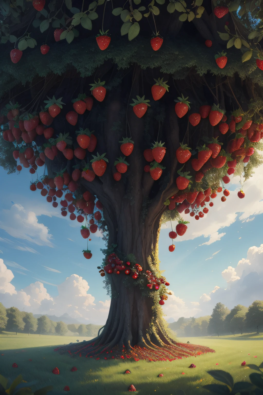 arcadia,in wonderland,Clouds,ciinematic light,A large cluster of strawberries hangs from the tree, morango, berries inside structure, berries dripping, squashed berries dripping, Outstanding detail, berries, fight with strawberries, Strawberry, “berries, fruit trees, strawberry fields forever, Masterpiece works of art, raspberry, squashed berries, Clear detail, Fruit, author:Robert Brackman, mind-blowing detail