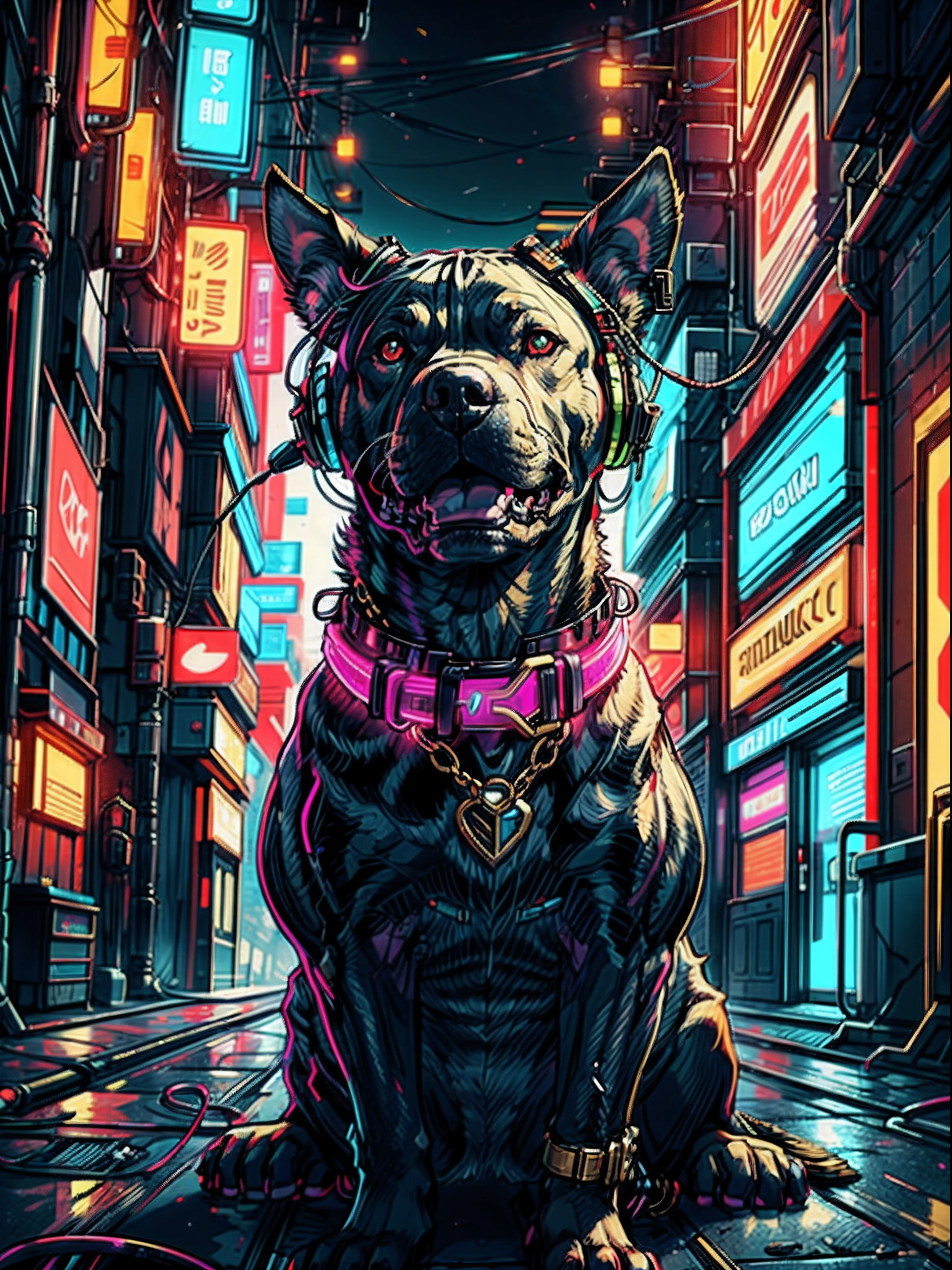 "Close-up view of a stylish pitbull dog, sporting a punk rapper outfit, complete with caps and golden neckwear, cool headset,The scene is set in a cyberpunk environment with vibrant neon lights and a colorful rainbow aura."