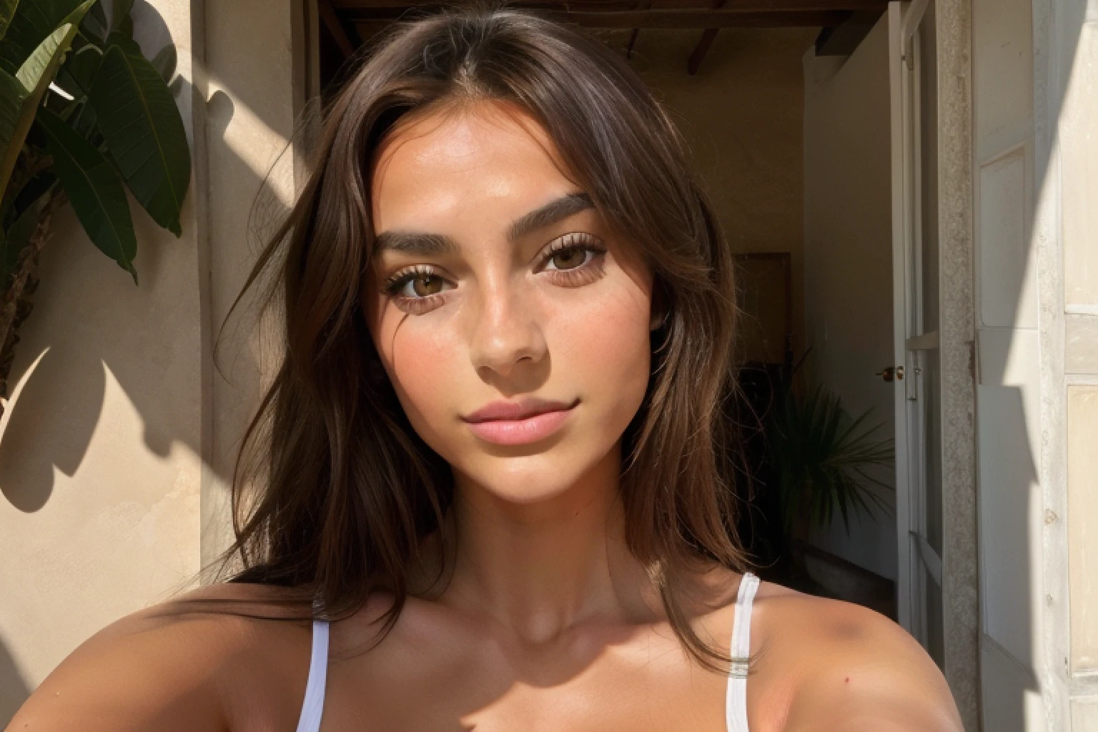 Jeune femme brune, selfie snapchat portrait, Histoire Instagram, olive skin, proche visage , belles formes, outside, bright light, selfie