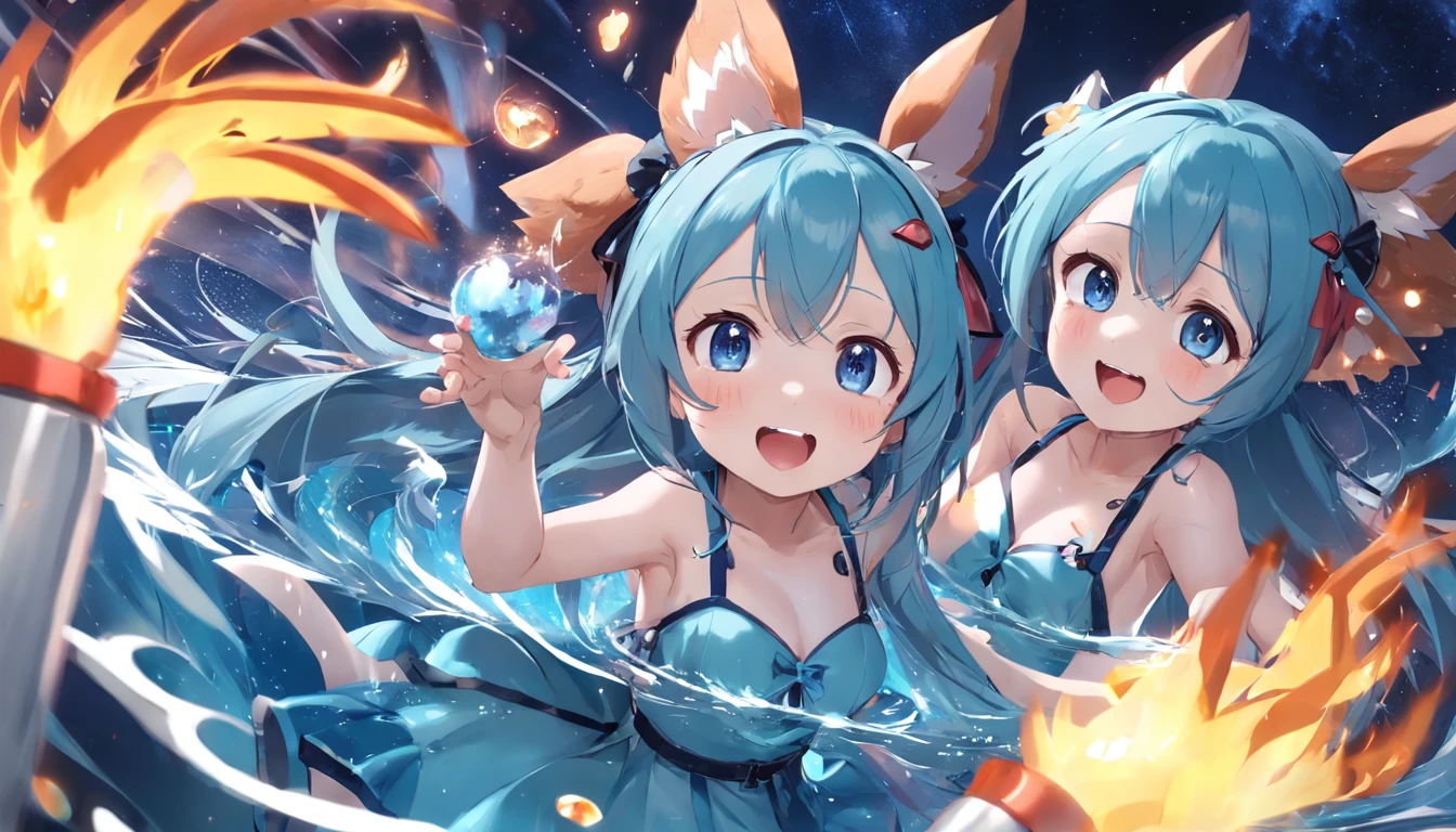 1 ,redheadwear,blue color eyes,Water magic,Fire magic,Under the night sky,ssmile,hands out,Inviting,Hooters,Kittens,o cachorrinho,Around the girl,having fun,The feeling of dancing,The style of painting is similar to Hatsune Miku,Big breasts Hatsune Miku,