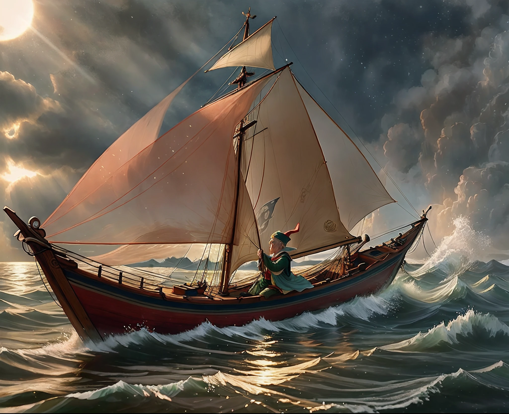 an elf ship on the lake From its slender masts flags waved and gave it the appearance of a sky ship. His oarsmen, flooded with light, risked the force of the water currents as they approached the shore. An icy mist rose from the middle mast.