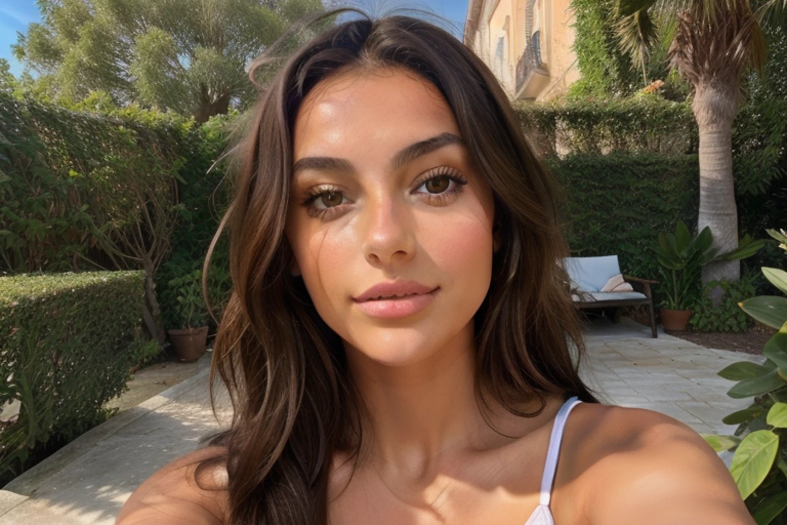 Jeune femme brune, selfie snapchat portrait, Histoire Instagram, olive skin, visage , belles formes, outside, bright light, selfie