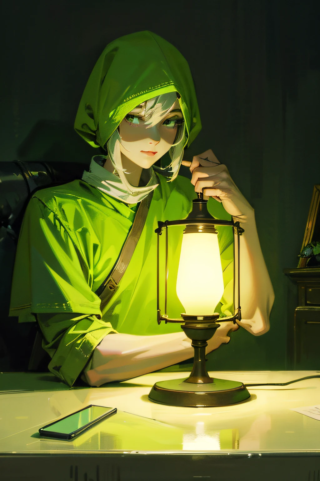 IMAGE of a lit lamp, reminiscent of having an idea, in green, with a black background, ultra-realistic
