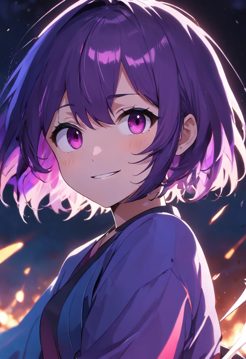 Faint lighting,A boy is smiling,bob hair cut,Purple colored hair，With a knife，Projectile theory broken