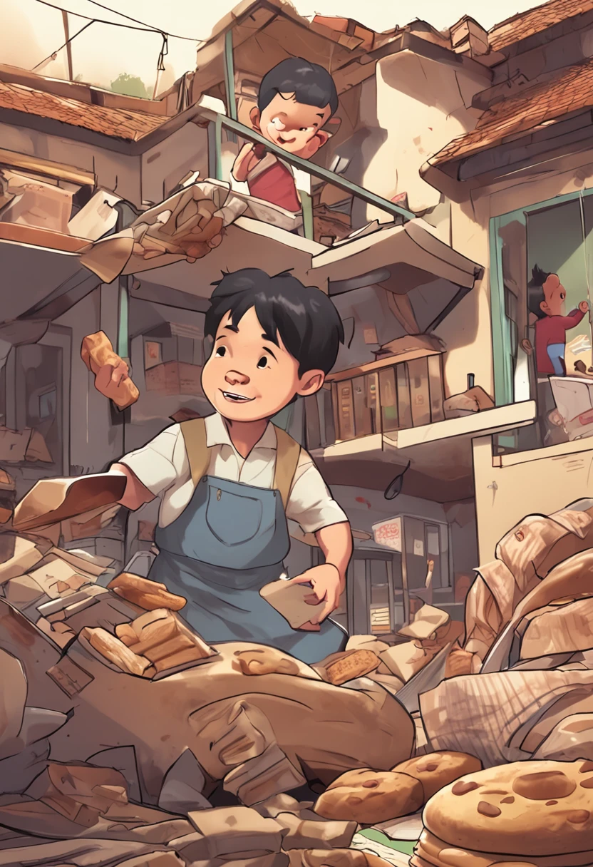 Highest precision Home scene Children in school uniforms with slices of bread stuffed in their mouths Mom and Dad in a hurry to get dressed Ready to go out Asian Cartoon style Pixar style