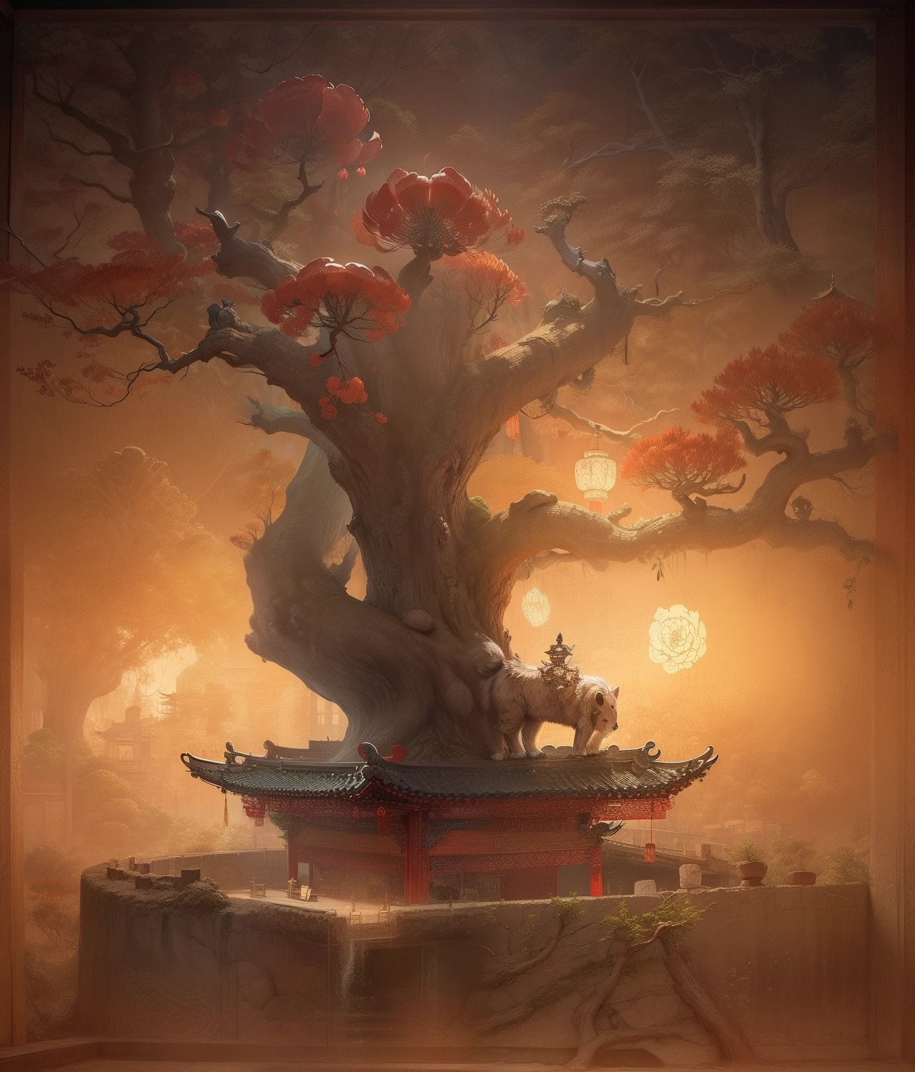 Extract the tree at the top，Do not perform any other actions in context，Change the beautiful fresh background。The tree was replaced by an aesthetic Chinese style，Ancient wind。Rectangular Chinese flower pot with trees。Other background，Eliminate all clutter。