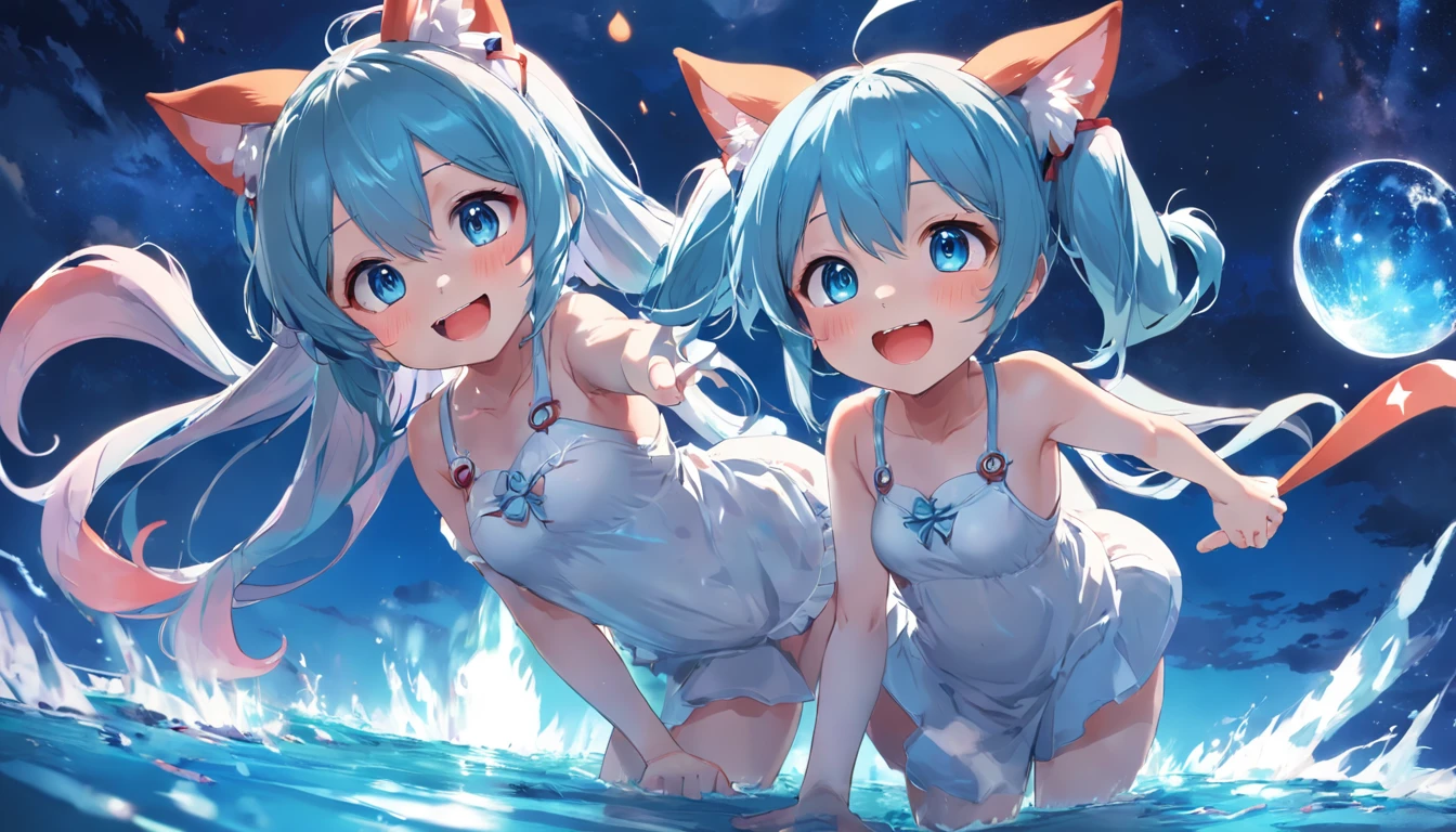 1 loli，redheadwear，blue color eyes，Water magic，Fire magic，Under the night sky，ssmile，hands out，Inviting，Hooters，Kittens，o cachorrinho，Around the girl，having fun，The feeling of dancing，The style of painting is similar to Hatsune Miku，Big breasts Hatsune Miku，