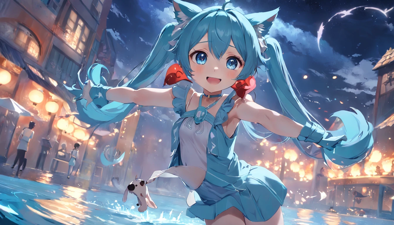 1 loli,redheadwear,blue color eyes,Water magic,Fire magic,Under the night sky,ssmile,hands out,Inviting,Hooters,Kittens,o cachorrinho,Around the girl,having fun,The feeling of dancing,The style of painting is similar to Hatsune Miku,Big breasts Hatsune Miku,