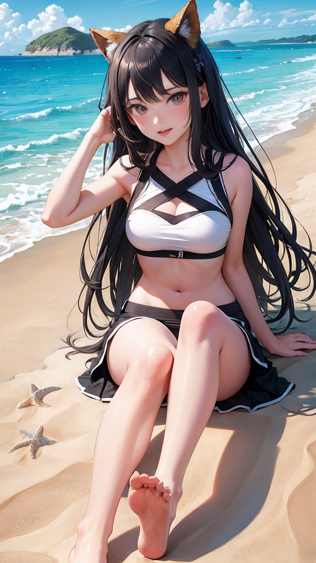 Anime neko girls hentai naked in beach ,black hair,stocking,red eye,long hair,