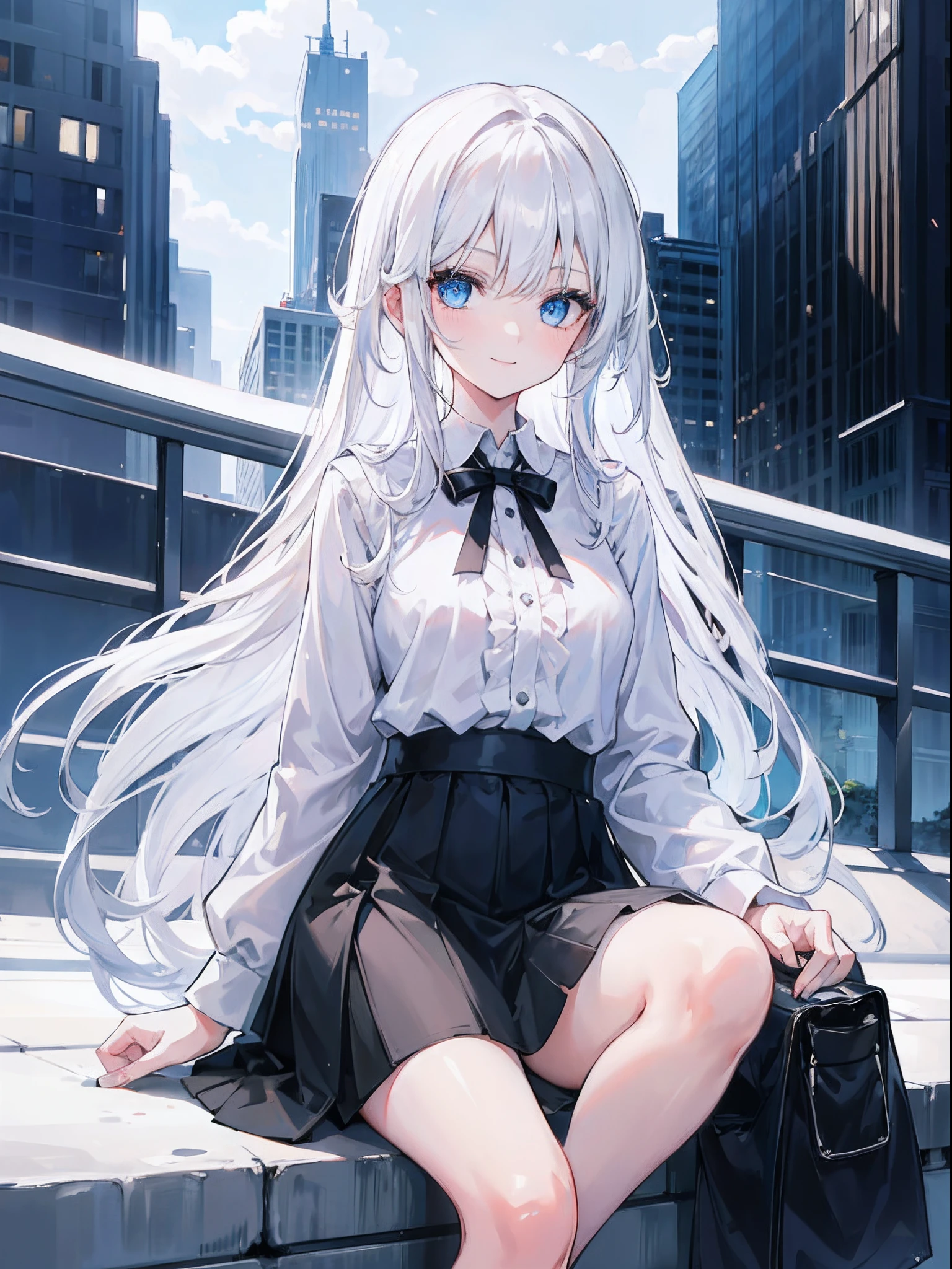 1girl, long white hair, blue eyes, black skirt, looking at viewer, ultrasharp, 8k, masterpiece, absurbres, wearing plain white shirt, city, sitting, smiling