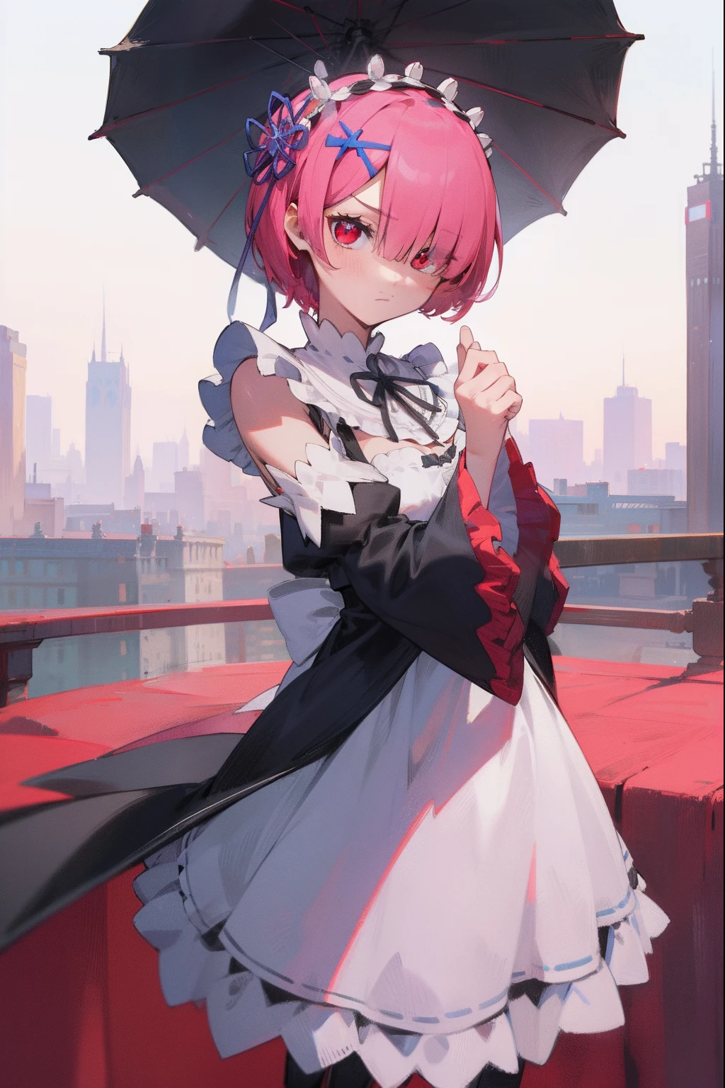 rezeroram, ram, hair flower, hair ornament, hair over one eye, pink hair, (red eyes:1.5), short hair, x hair ornament,
BREAK apron, black bow, black dress, black ribbon, bow, detached sleeves, dress, frilled apron, frilled sleeves, frills, juliet sleeves, long sleeves, maid, neck ribbon, puffy sleeves, ribbon, roswaal mansion maid uniform, thighhighs, two-tone dress, waist apron, white bow, white dress, white thighhighs,,
BREAK outdoors, city,
BREAK looking at viewer, BREAK (masterpiece:1.2), best quality, high resolution, unity 8k wallpaper, (illustration:0.8), (beautiful detailed eyes:1.6), extremely detailed face, perfect lighting, extremely detailed CG, (perfect hands, perfect anatomy),