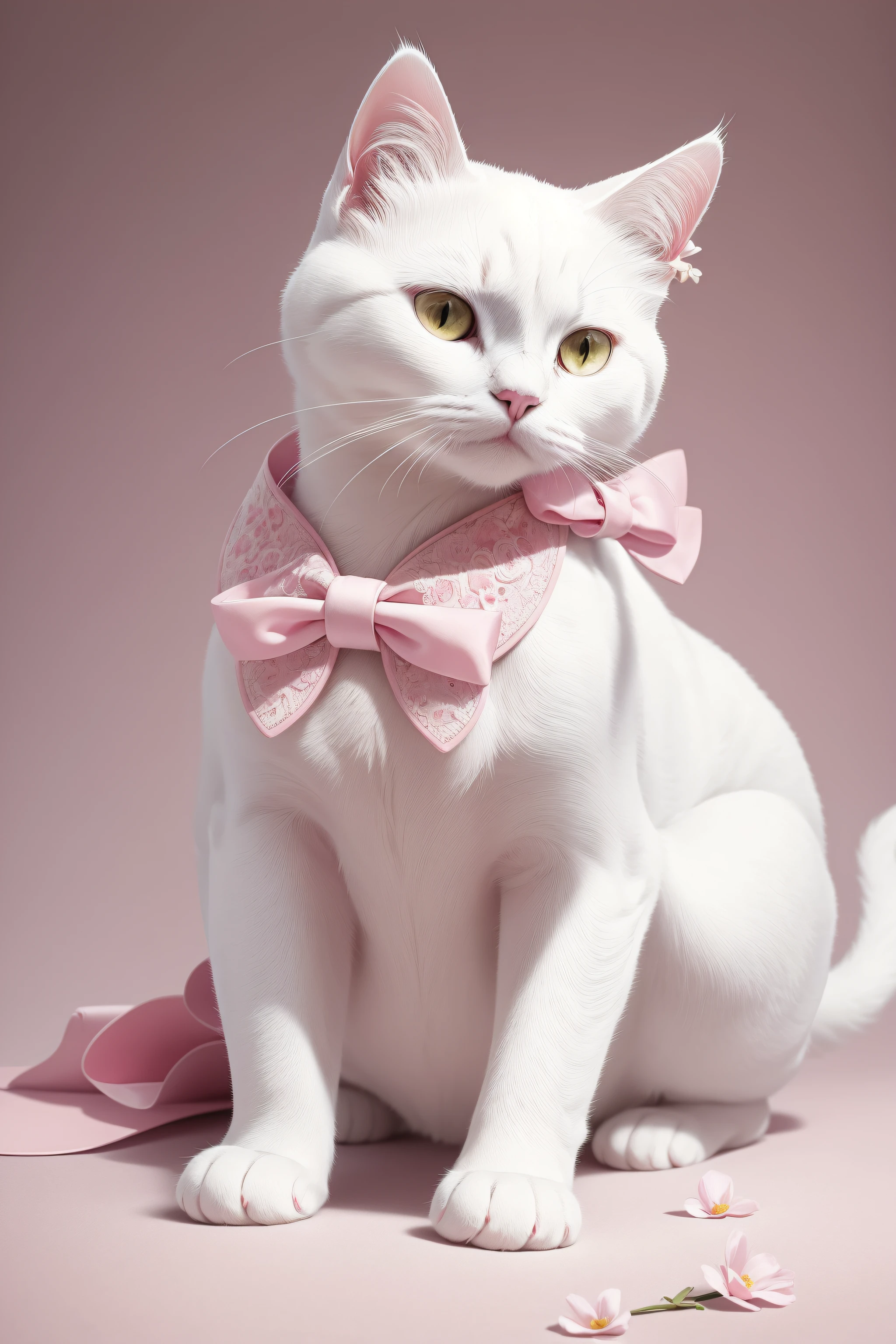 (((Masterpiece))), top quality, a beautiful white cat animal with a pink bow in a fashionable white dress with a pink coat, highly detailed textures, absurdres, intricate details, bloom,