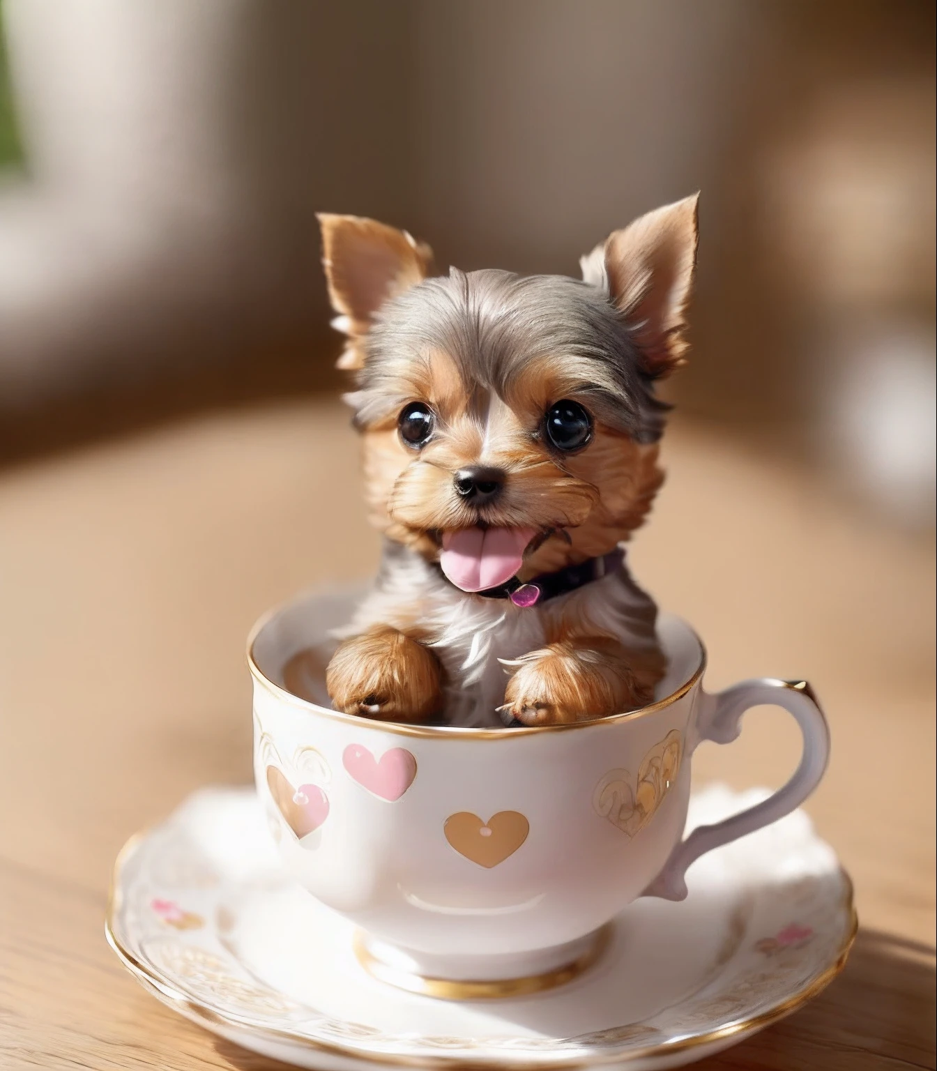 Grey-brown Yorkie dog, (((((small)))), in teacup, face out, tongue out, front paws sticking out of teacup and holding heart, drooping crooked ear, 8k, professional photo, delicate, clear, on the table, at home, sun, light leakage, masterpiece, ((((((very cute)))), teacup fashion