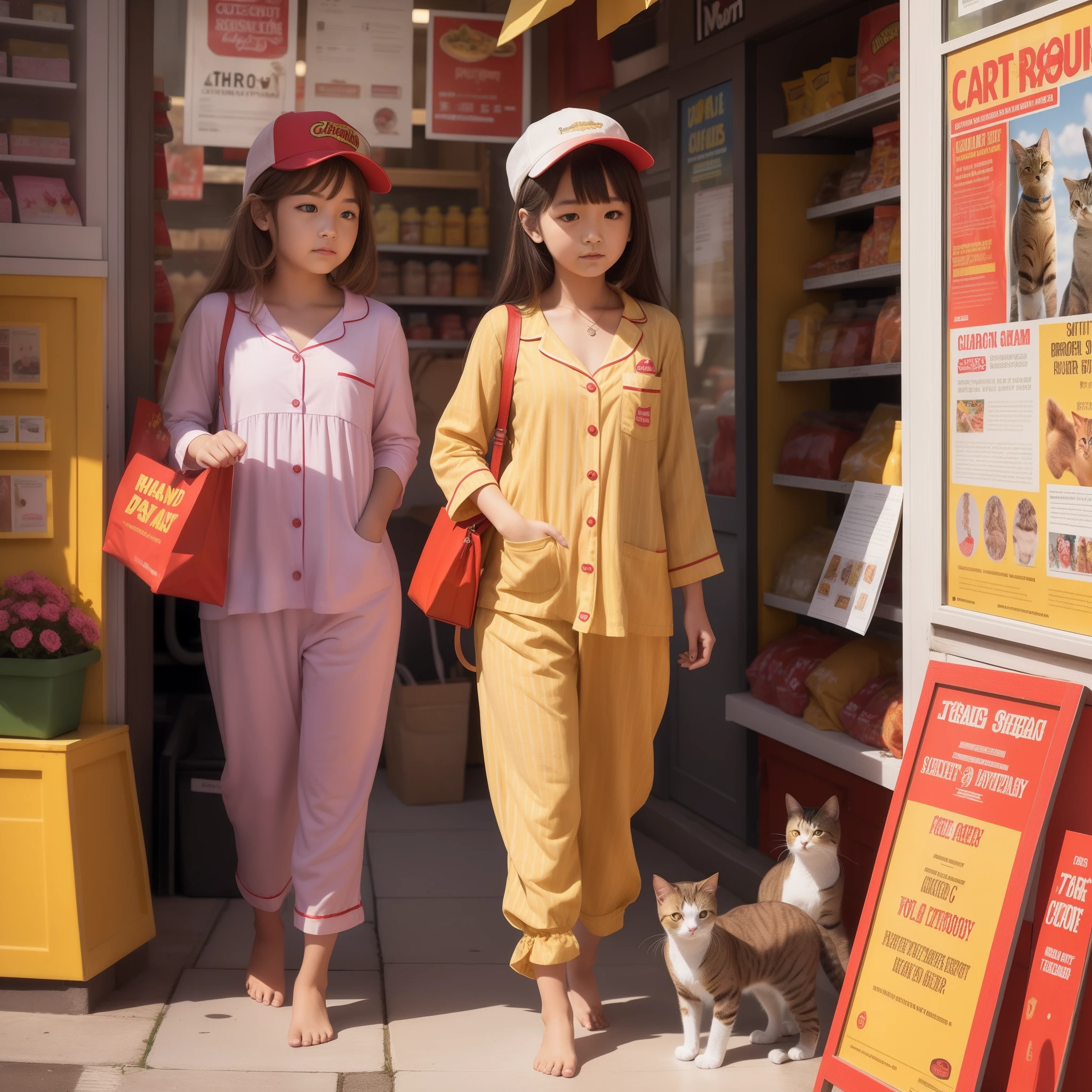 shops,Cats,mustard,ketchup,A girl with,market,posters,Pajamas,dream,fairy tales,Fantasy,Display stand,Cute Monsters