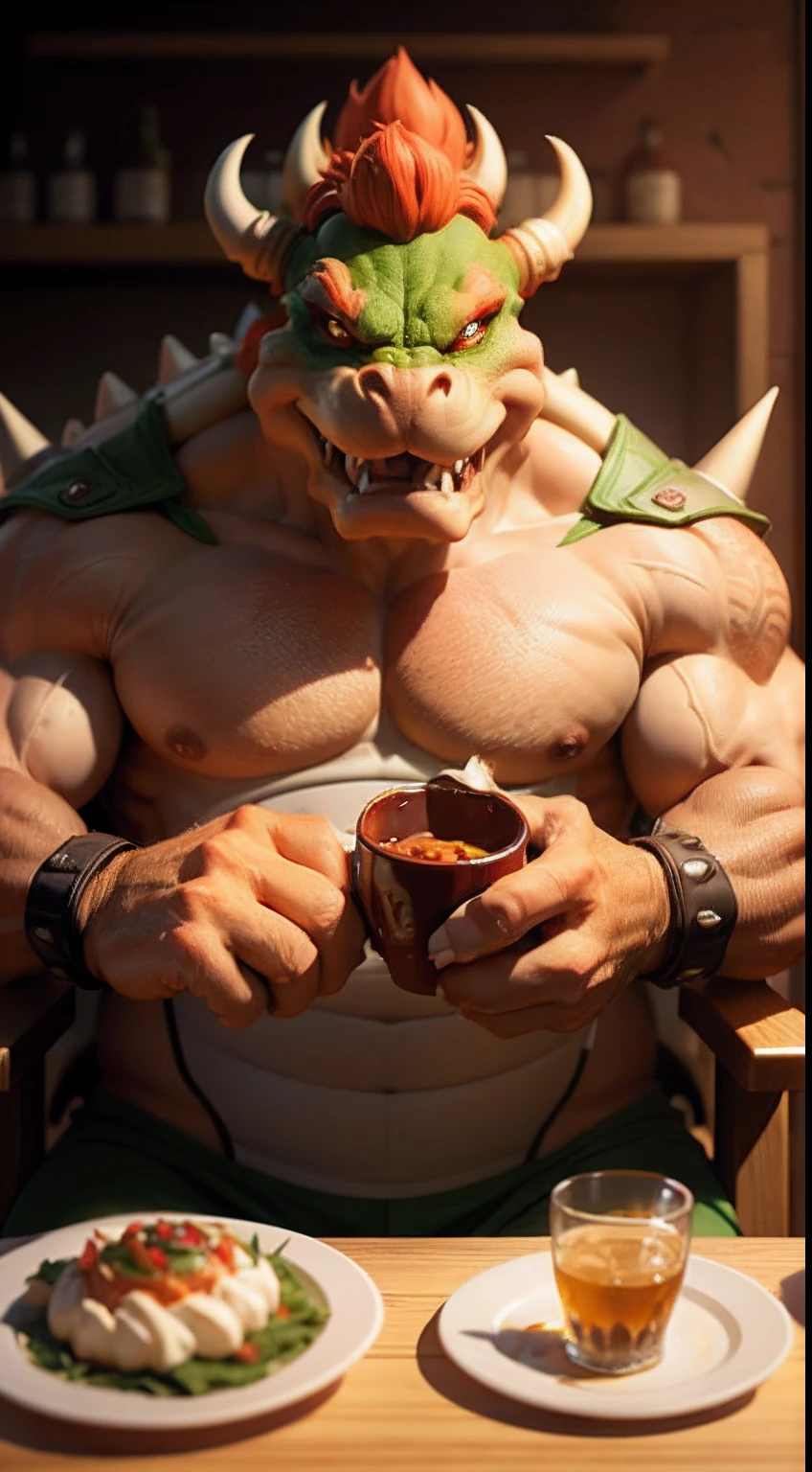 A muscular and massive orc, clad in rough leather armor, sits comfortably in a rustic tavern. His green, deeply textured skin glistens with a sheen of sweat, reflecting the soft, warm light of the flickering torches that hang from the wooden beams above. Two frothy mugs of beer steadily rest in his massive hands, their contents bubbling with rich, golden ale. Across from him is a young girl, dressed in simple, worn serving attire. With a gentle smile and a nimble grace, she pours another round of beer into the waiting mugs, her eyes sparkling with curiosity and amusement as she watches the mighty orc sip