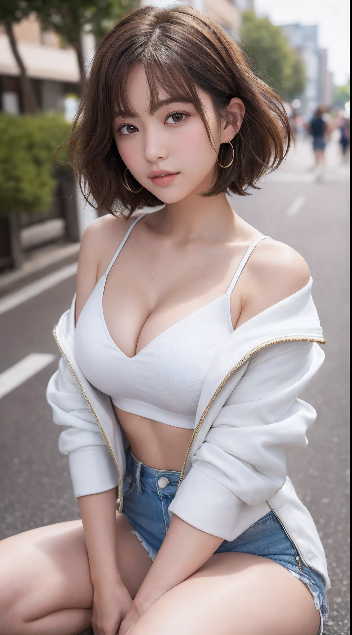 (8K, 超A high resolution, Best Quality, masutepiece:1.2),(18year old:1.2)、(Look away)、8K、RAW portrait of japanese girl、Photorealsitic、超A high resolution、top-quality、 (quite massive chest、cleavage of the breast:1.3)(Black tube top、Micro Mini Hot Pants、Drape the award jacket over your shoulders:1.35)、(in a street:1.2) BREAK (Natural Skin Texture、Detailed skin、Hyper-Realism、ultra sharpness)、intricate detailes、depth of fields、Show the armpits、(Brown-haired short-haired、White sneakers:1.2)(Open your legs wide to the sides、bend knee:1.2)