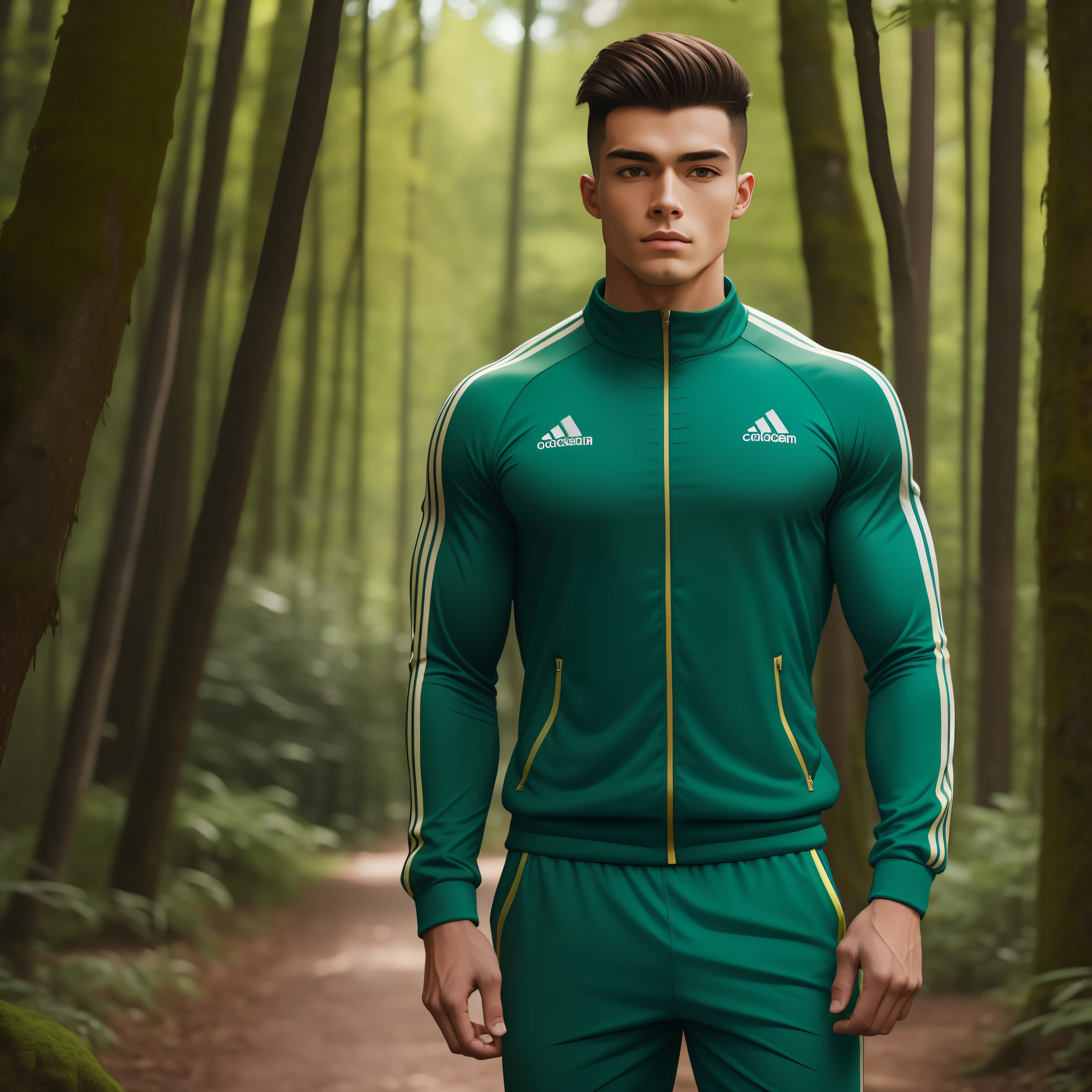 22 years old muscular man, track suit, Stand in the green forest, Natural skin, 8K  UHD, filmgrain