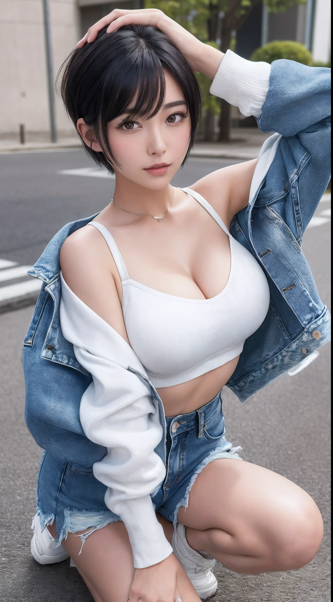 (8K, 超A high resolution, Best Quality, masutepiece:1.2),(18year old:1.2)、(Look away)、8K、RAW portrait of japanese girl、Photorealsitic、超A high resolution、top-quality、 (quite massive chest、cleavage of the breast:1.3)(Black tube top、Denim Mini Hot Pants、Drape a large award jacket over your shoulders:1.35)、(in a street:1.2) BREAK (Natural Skin Texture、Detailed skin、Hyper-Realism、ultra sharpness)、intricate detailes、depth of fields、Show the armpits、(Short-haired black hair、White sneakers:1.2)(Open your legs wide to the sides、bend knee:1.2)