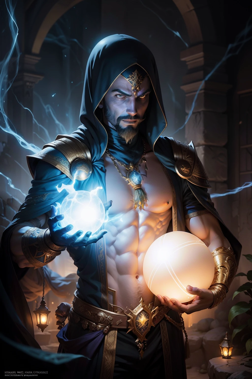 A drawing of a magical “Arabian Nights” male Jinni, holding out a glowing orb, with lighting bolts from his fingers, background is a springtime garden, daytime light, mood is operative, resolute, propitious, intelligent, character design, art by Mark Ryan, Greg Simkins, Jason Limon, Dan Quintana.
