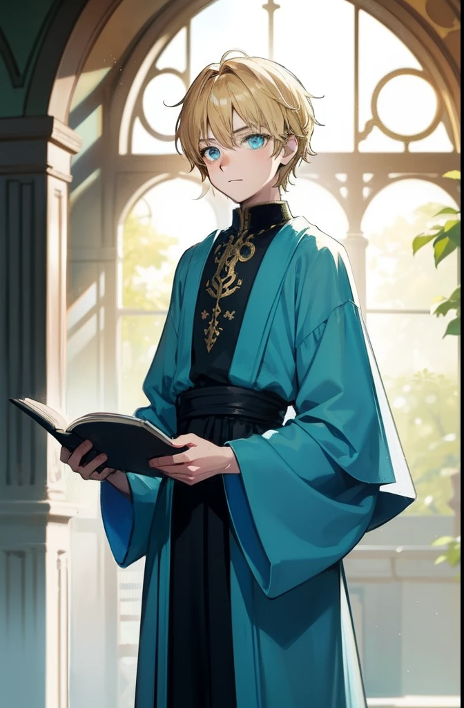 Character standing drawing,-yeld boight-blonde hair,cyan pupils,ornate gown,forest backgrou,Complicated details