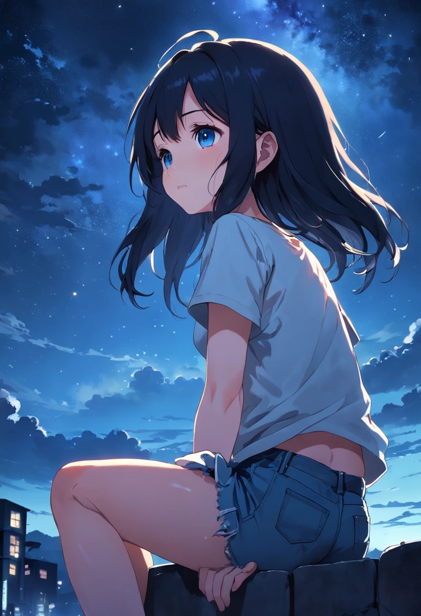 Anime Girl, black hair, blue eyes, sitting under the nightsky, stargazing, listening to music, plaine white tshirt, denim shorts