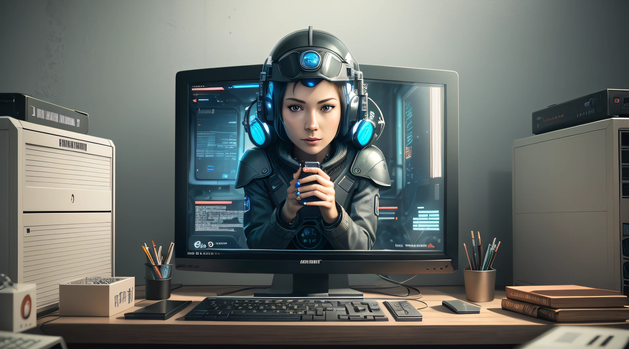 Es gibt einen Computermonitor mit dem Bild eines Mannes darauf, 3-D-Render-Piepse, Ross Tran 8 K, Sicher arbeiten. CGSociety, Sicher arbeiten.CGSociety, Computerspiel-Kunst, Science-Fiction-Computer, Cyberpunk-Werbung, Wojtek FUS, Sci-Fi-Pilot, Gamer-Bildschirm auf metallischem Schreibtisch, Videospiel-3D-Rendering