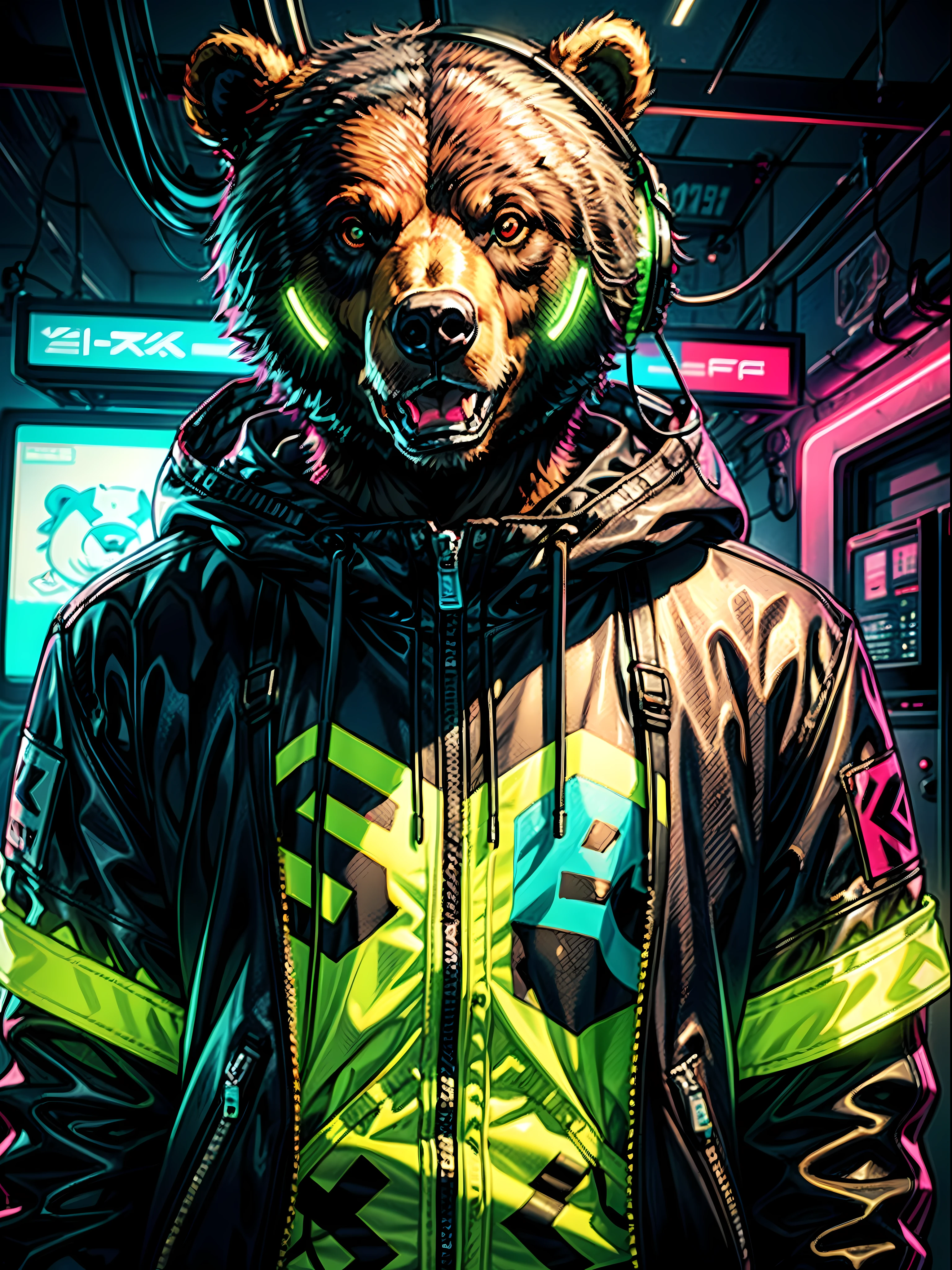 "(Close-up view of a bear), sporting a punk rapper outfit with neon glow jacket , complete with caps and golden neckwear, cool headset,The scene is set in a cyberpunk environment with vibrant neon lights and a colorful rainbow aura."