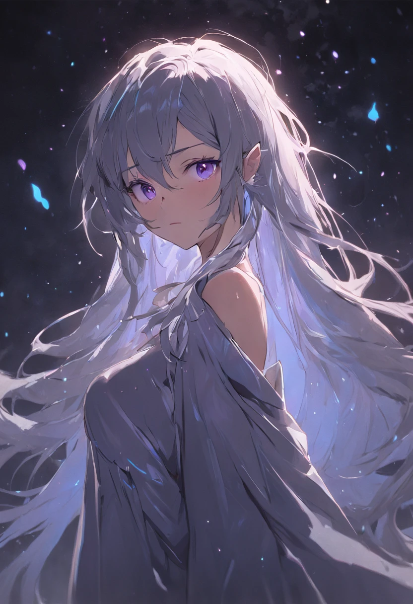 (medium portrait:1.2), (fantasy art:1.5), female, solo, (elf:1.3), (dark-gray skin:1.4), (long messy gray hair:1.5), (purple eyes:1.3), tall, medium breasts, gentle look on her face, ((plain:1.3) white dress:1.4), standing, night sky in the background, (best illumination:1.1)