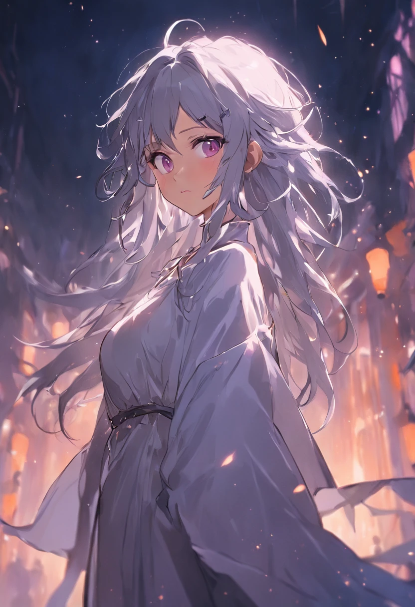 (medium portrait:1.2), (fantasy art:1.5), female, solo, (elf:1.3), (dark-gray skin:1.4), (long messy gray hair:1.5), (purple eyes:1.3), tall, medium breasts, gentle look on her face, ((plain:1.3) white dress:1.4), standing, night sky in the background, (best illumination:1.1)