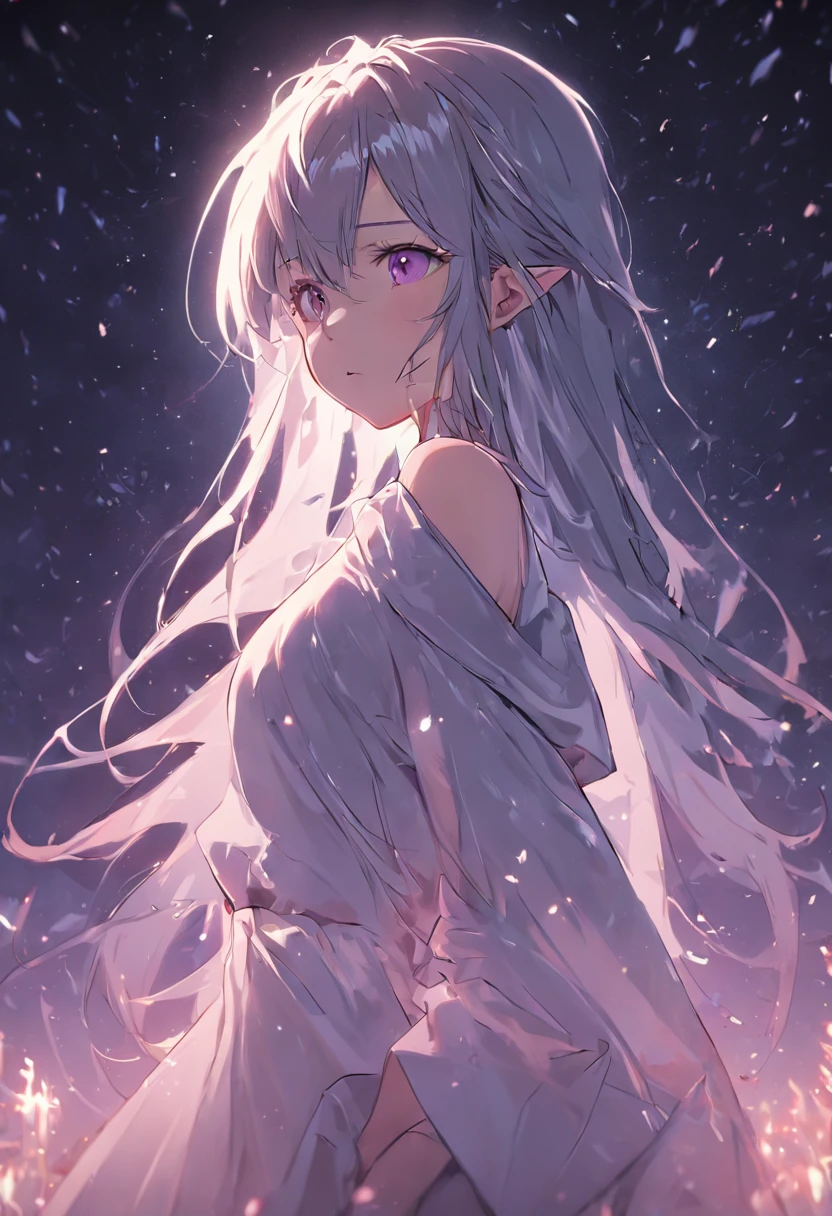 (medium portrait:1.2), (fantasy art:1.5), female, solo, (elf:1.3), (dark-gray skin:1.4), (long messy gray hair:1.5), (purple eyes:1.3), tall, medium breasts, gentle look on her face, ((plain:1.3) white dress:1.4), standing, night sky in the background, (best illumination:1.1)