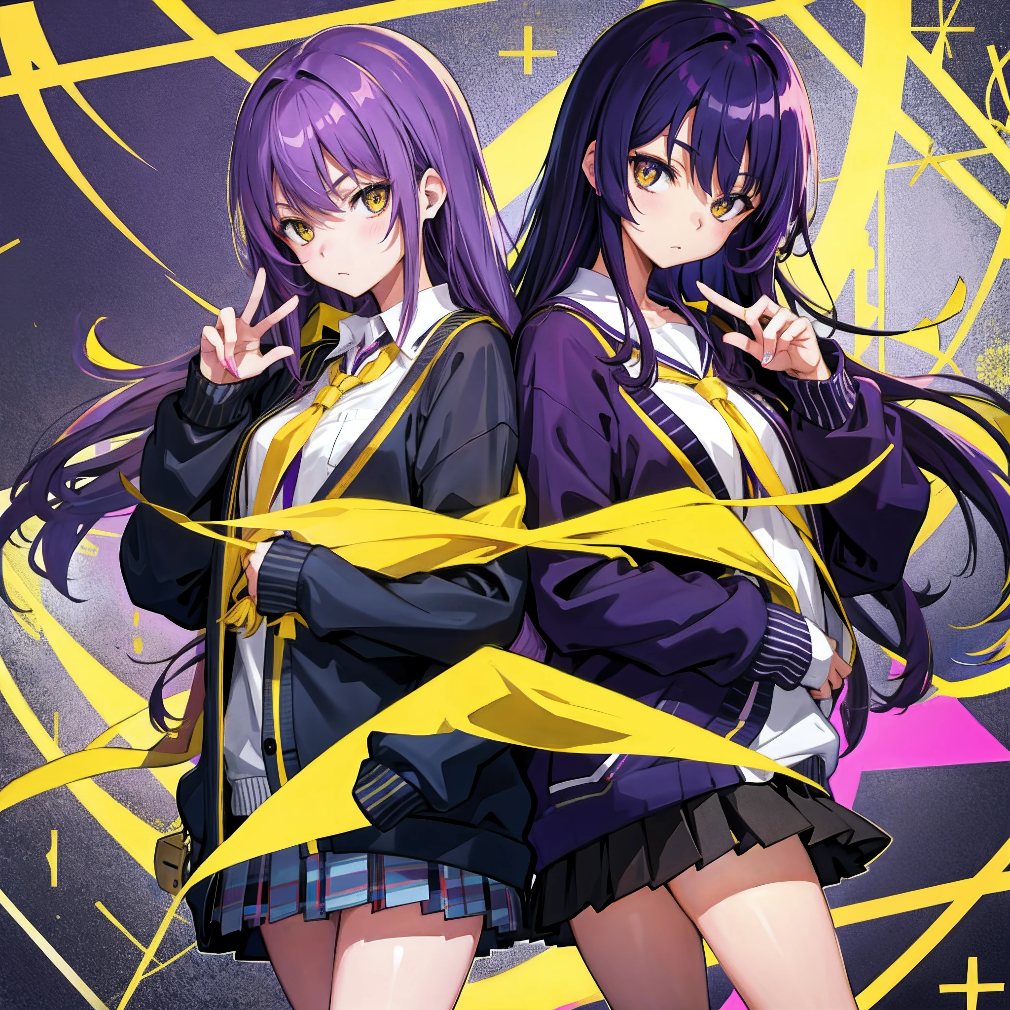 high school student,purple color  hair,yellow  eyes,Navy blue cardigan、No handle