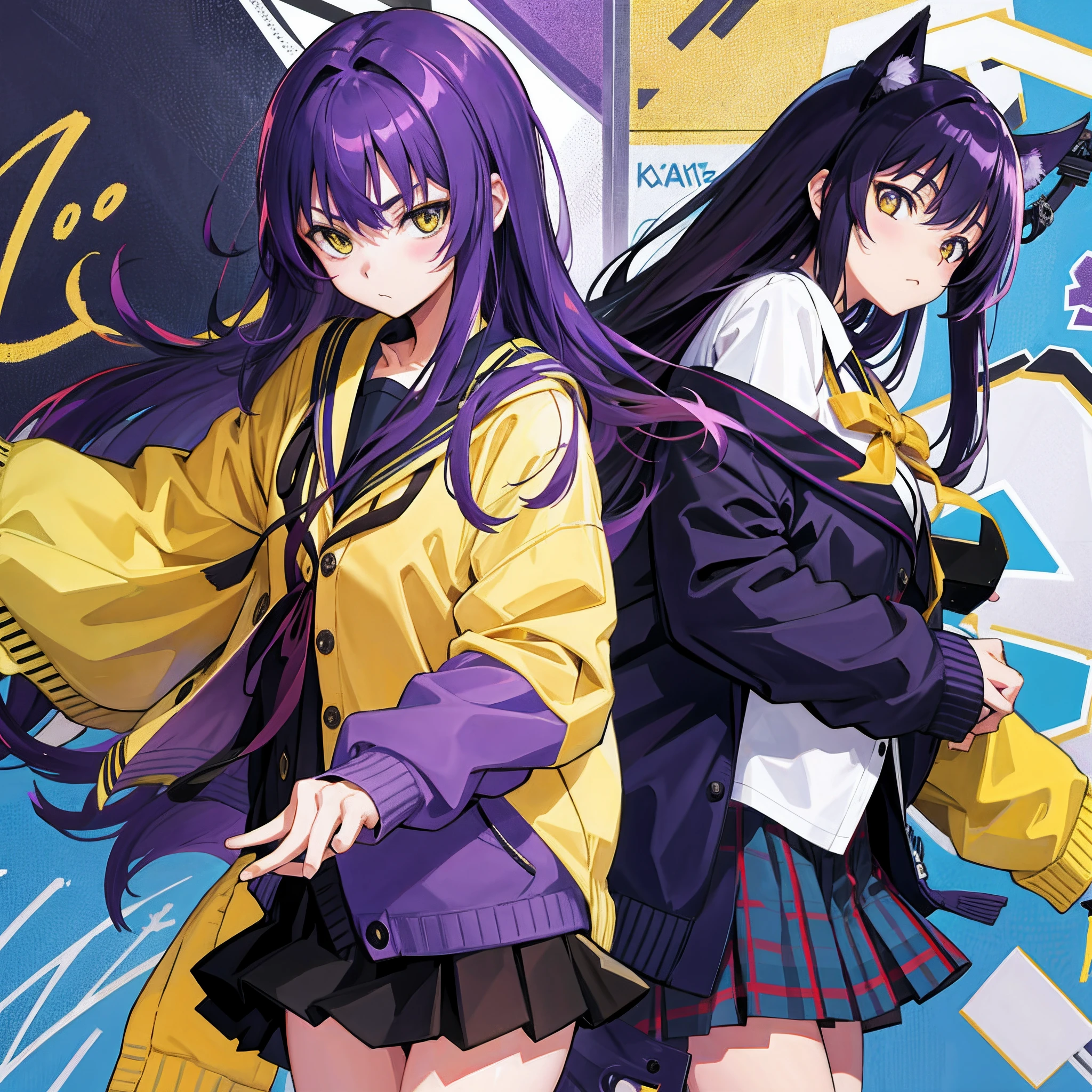 high school student,purple color hair,yellow eyes,Navy blue cardigan、No handle