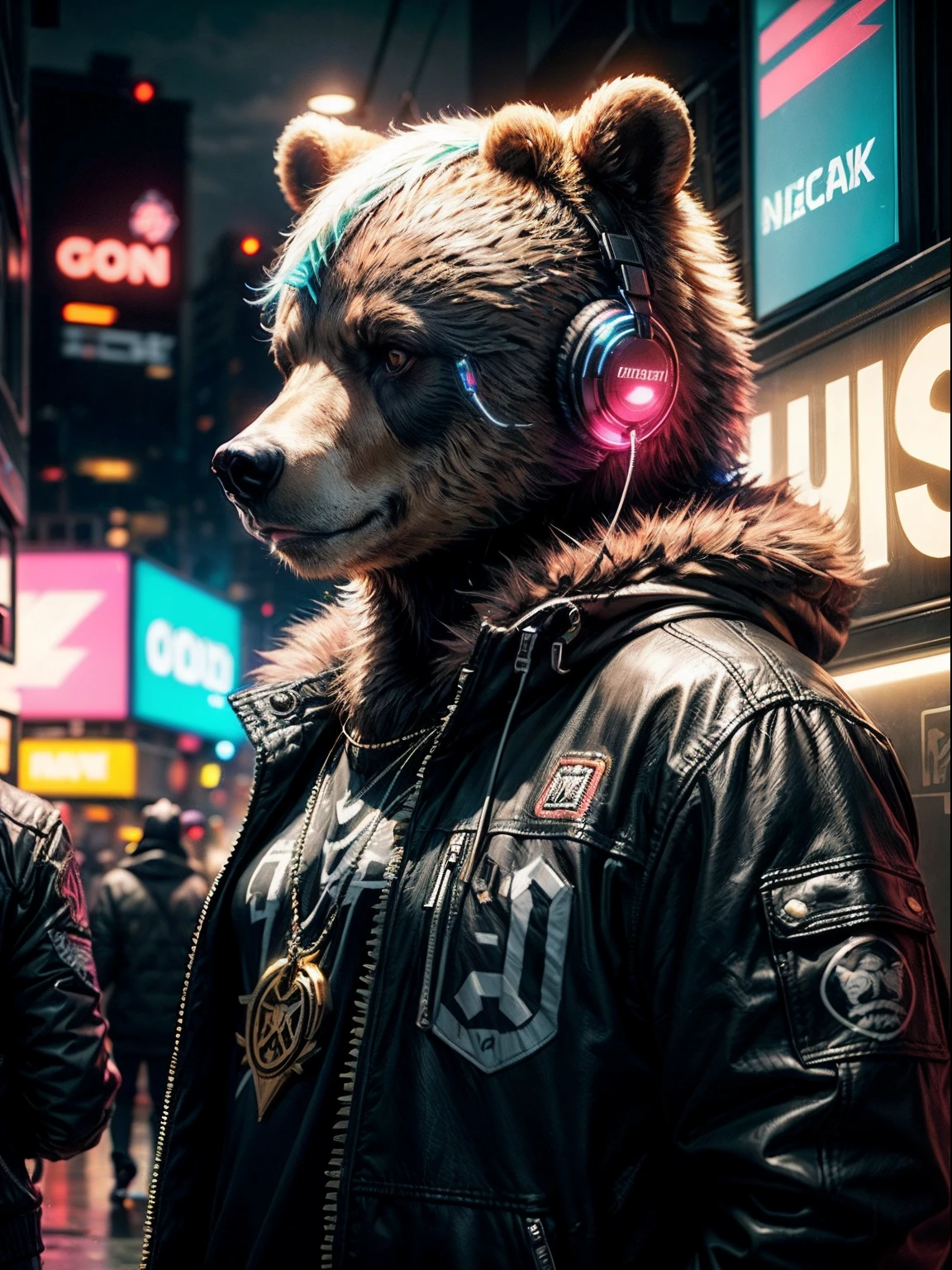 "(Close-up view of a bear), sporting a punk rapper outfit with neon glow jacket , complete with caps and golden neckwear, cool headset,The scene is set in a cyberpunk environment with vibrant neon lights and a colorful rainbow aura."